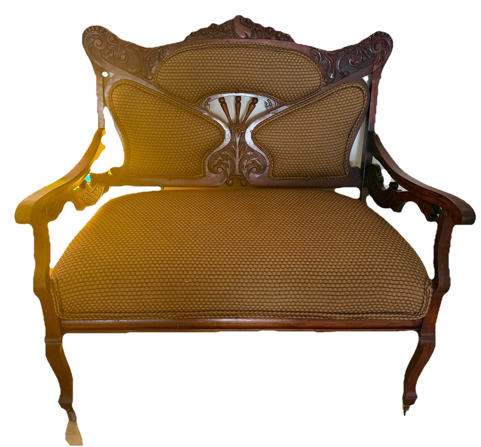 Antique Victorian Hand Craft Solid Wood Fabric Chair Bench Loveseat On Wheels