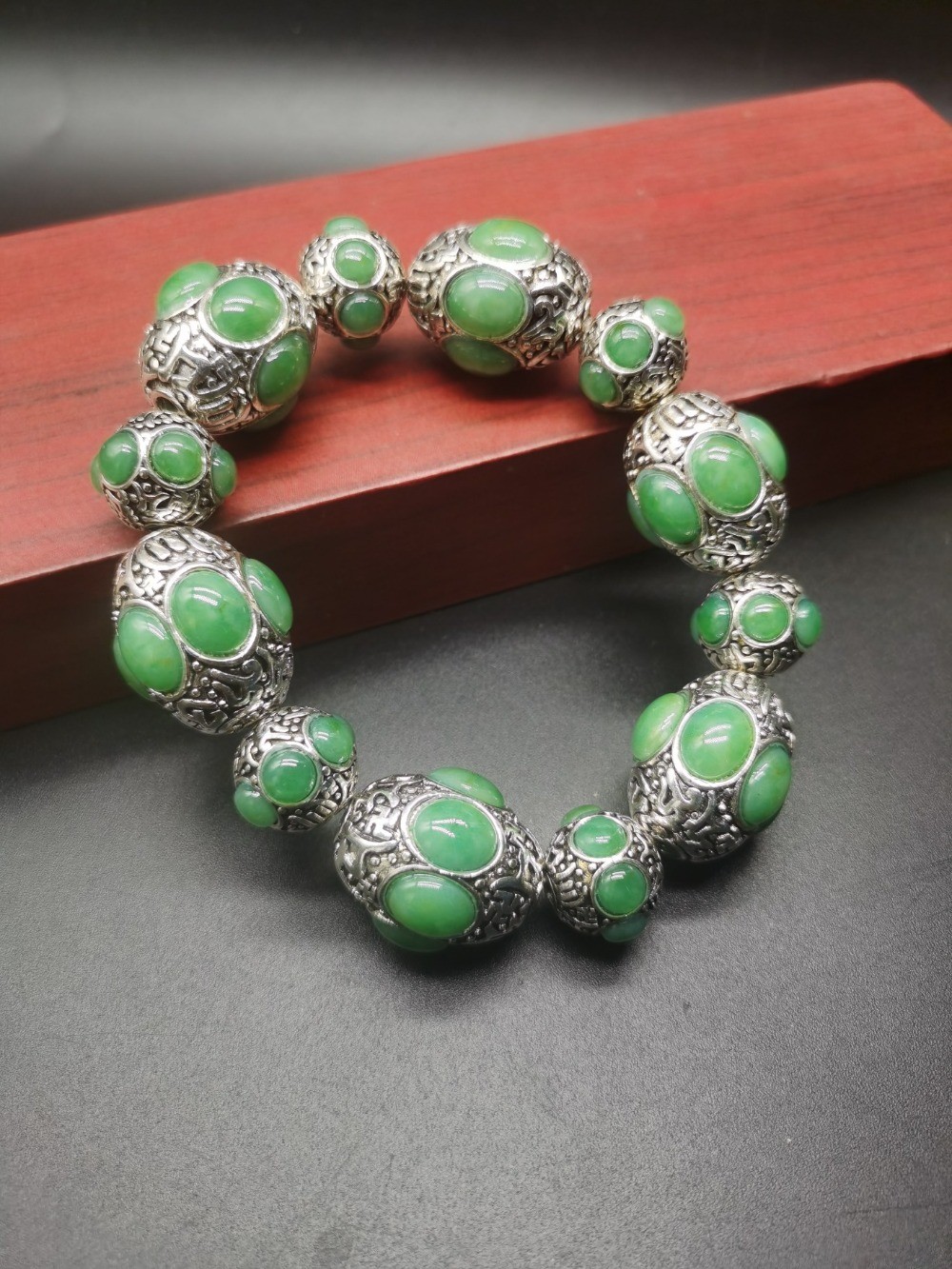 Old Tibetan Silver Inlaid Green Jade Beaded Bracelet Ethnic Boho Jewelry