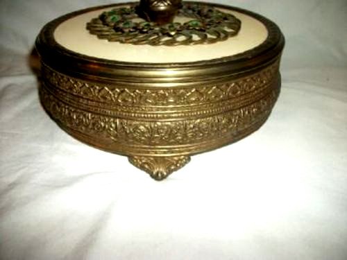 Cottagecore 1920s Bronze Jeweled Vanity Dish Celluloid Divided Glass Antique