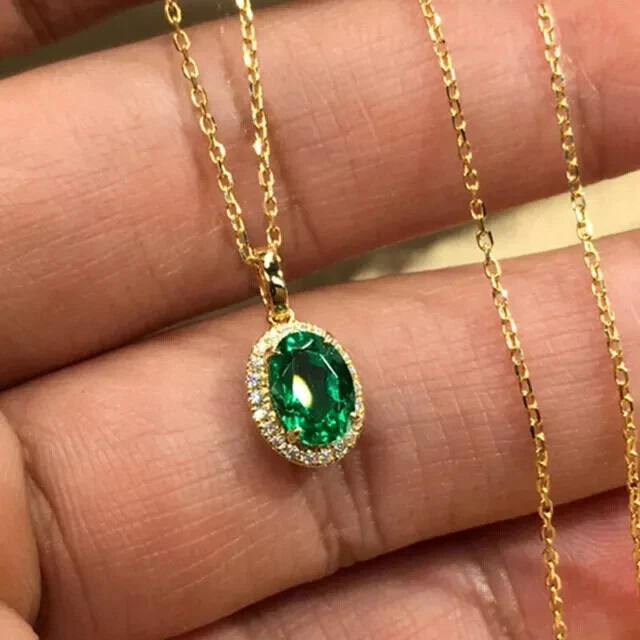Women 3Ct Oval Cut Lab Created Green Emerald Halo Pendant 14K Yellow Gold Plated