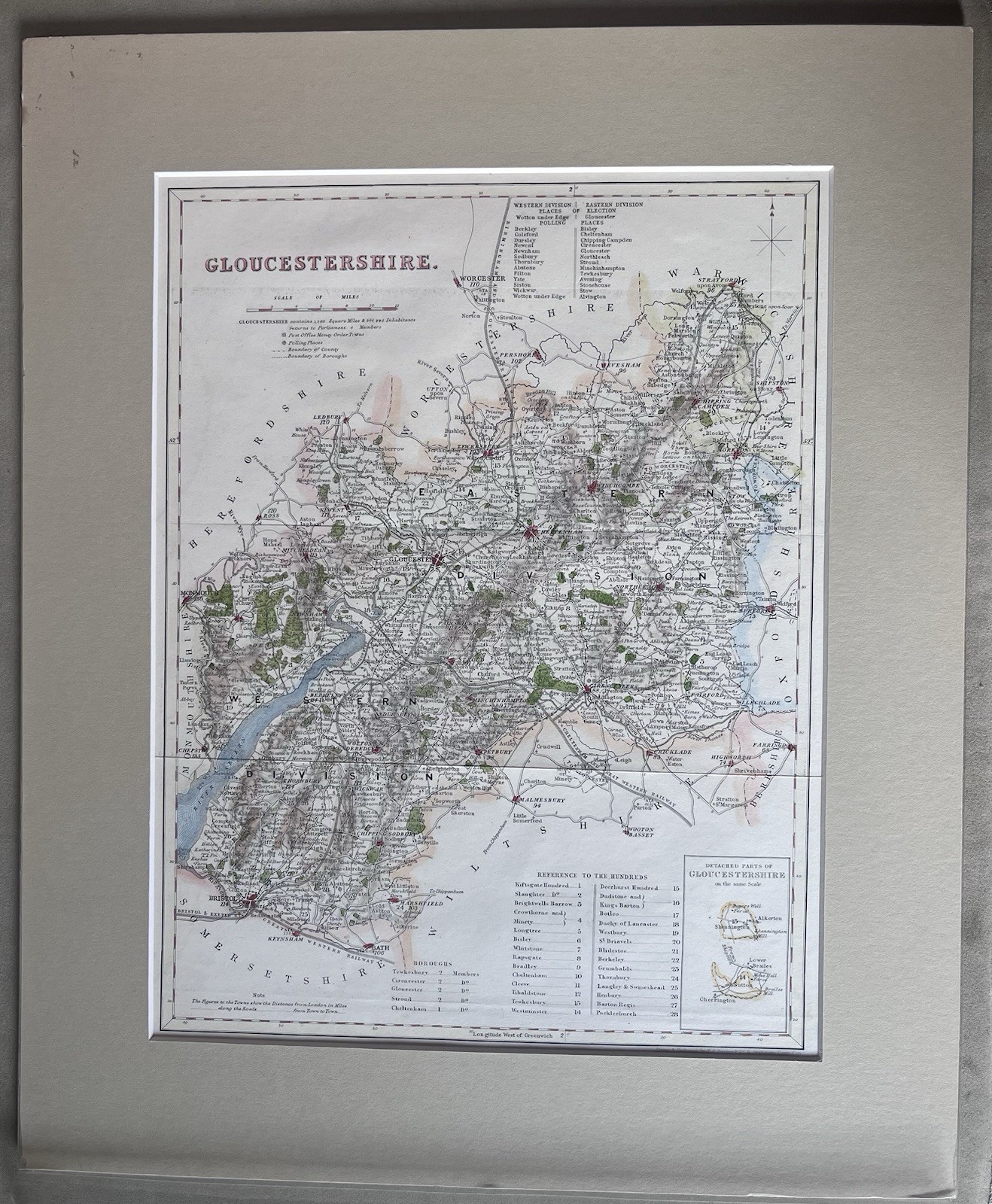 Gloucestershire – 1870 – Mounted Antique Engraved Colour Map by F. P. Becker