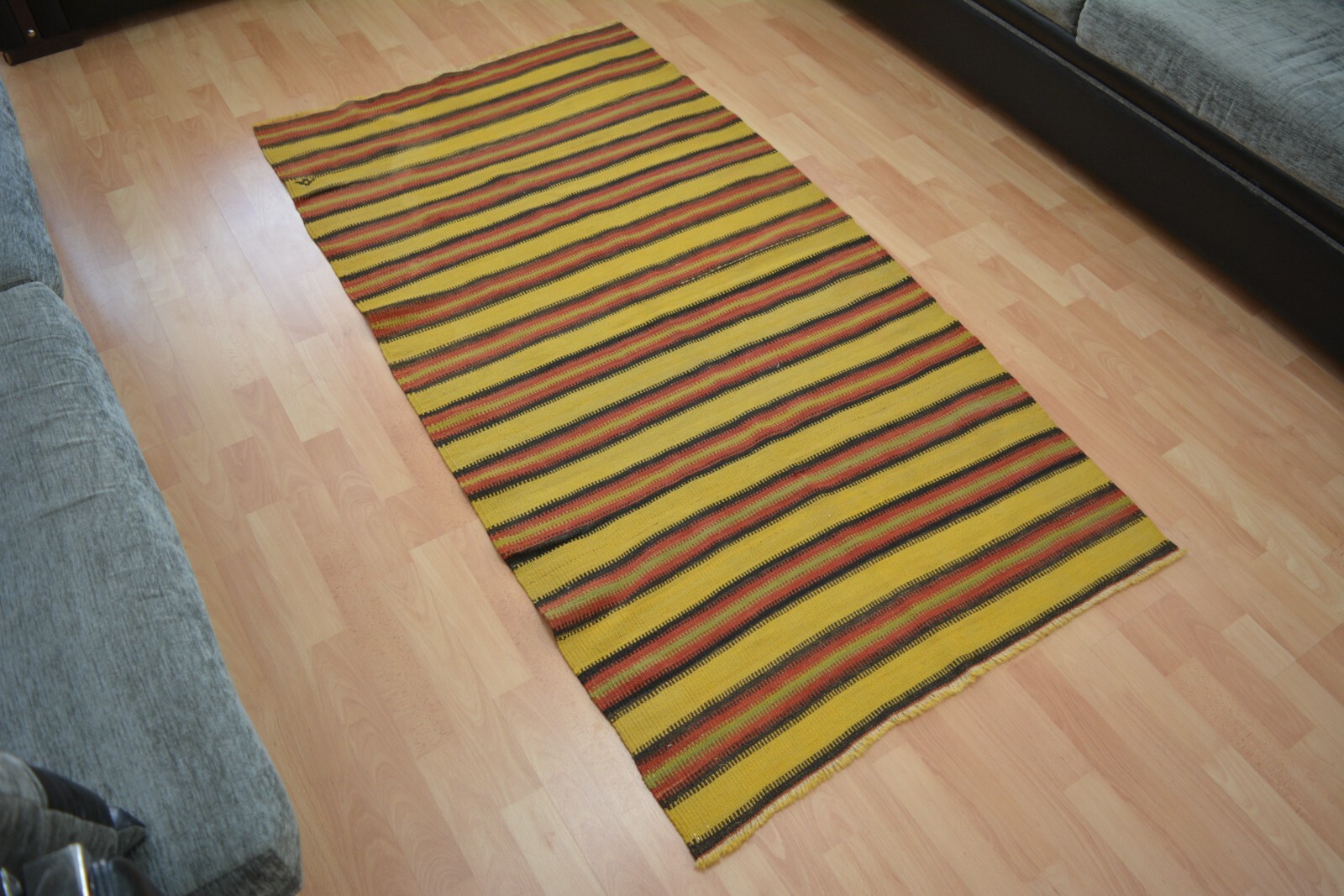 Yellow Turkish Vintage Kilim Rug, 3.2×5.9ft, Antique Stripped Handmade Kilim,