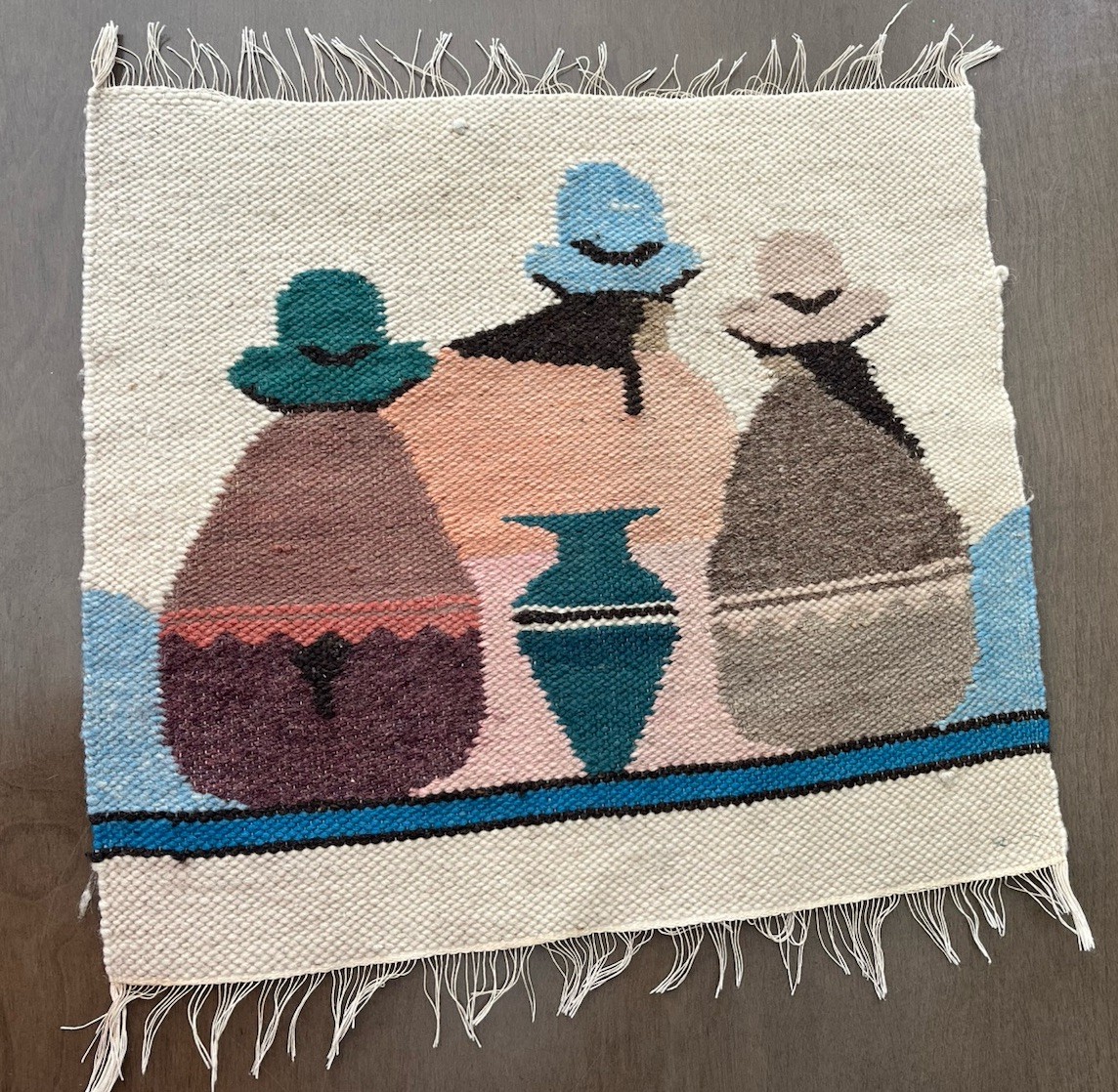 Vintage Hand Woven Peruvian Wool Textile 15” Square Block Three People With Hats