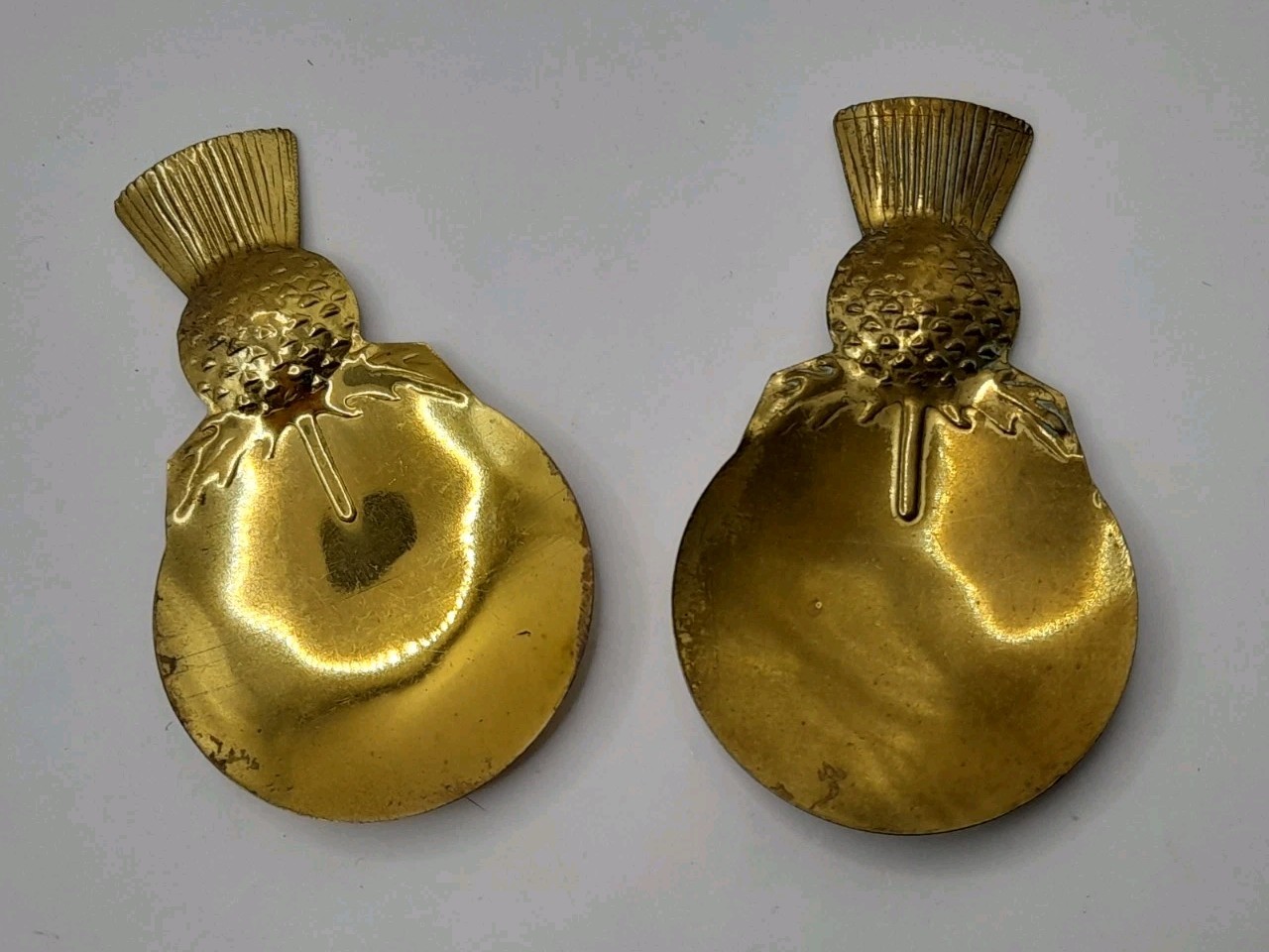 Pair Of Small Old Vintage Solid Brass 3″ Scottish Thistle Display Spoon –