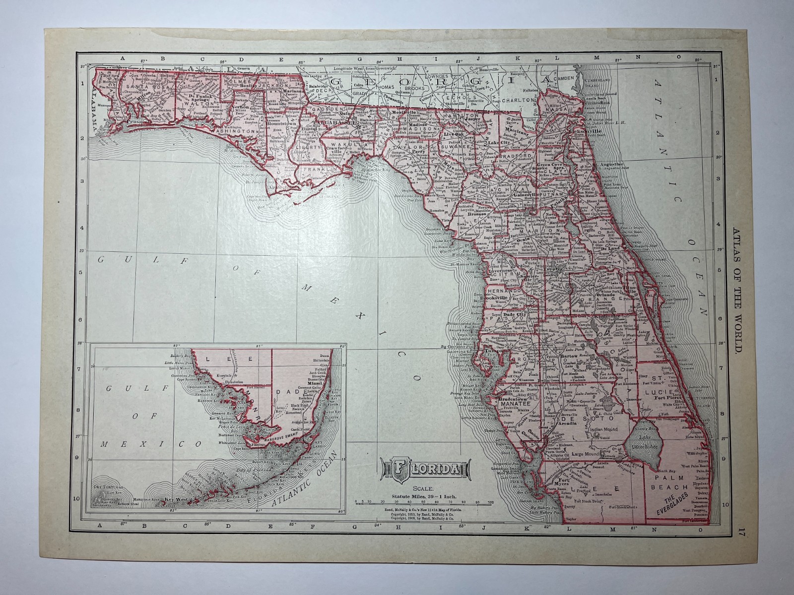 1909 / 1910 “Red” FLORIDA State Map from 1911 New Census Atlas SEE DESCRIP