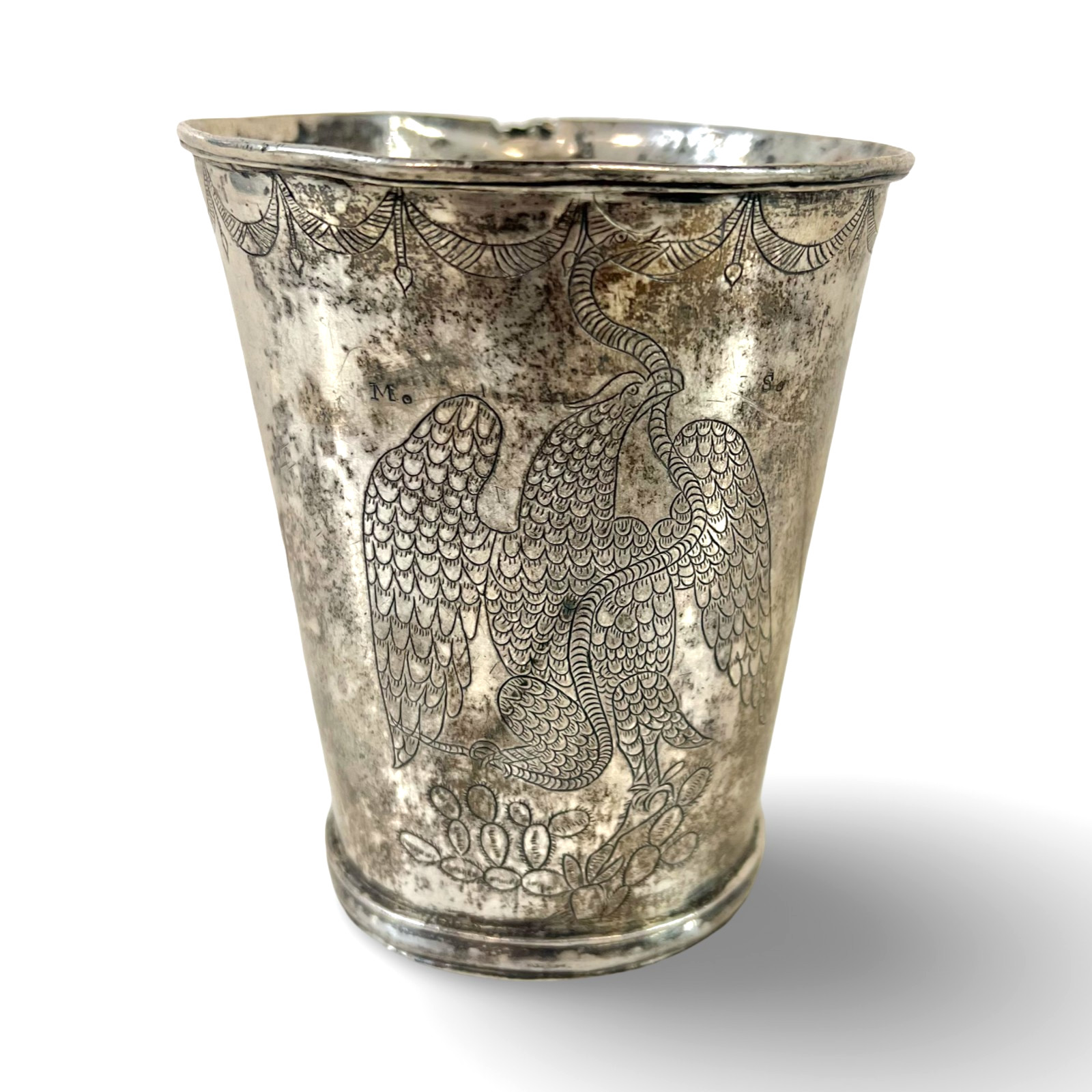 Spanish Colonial Mexican Silver Tankard eagle on a cactus eating a snake