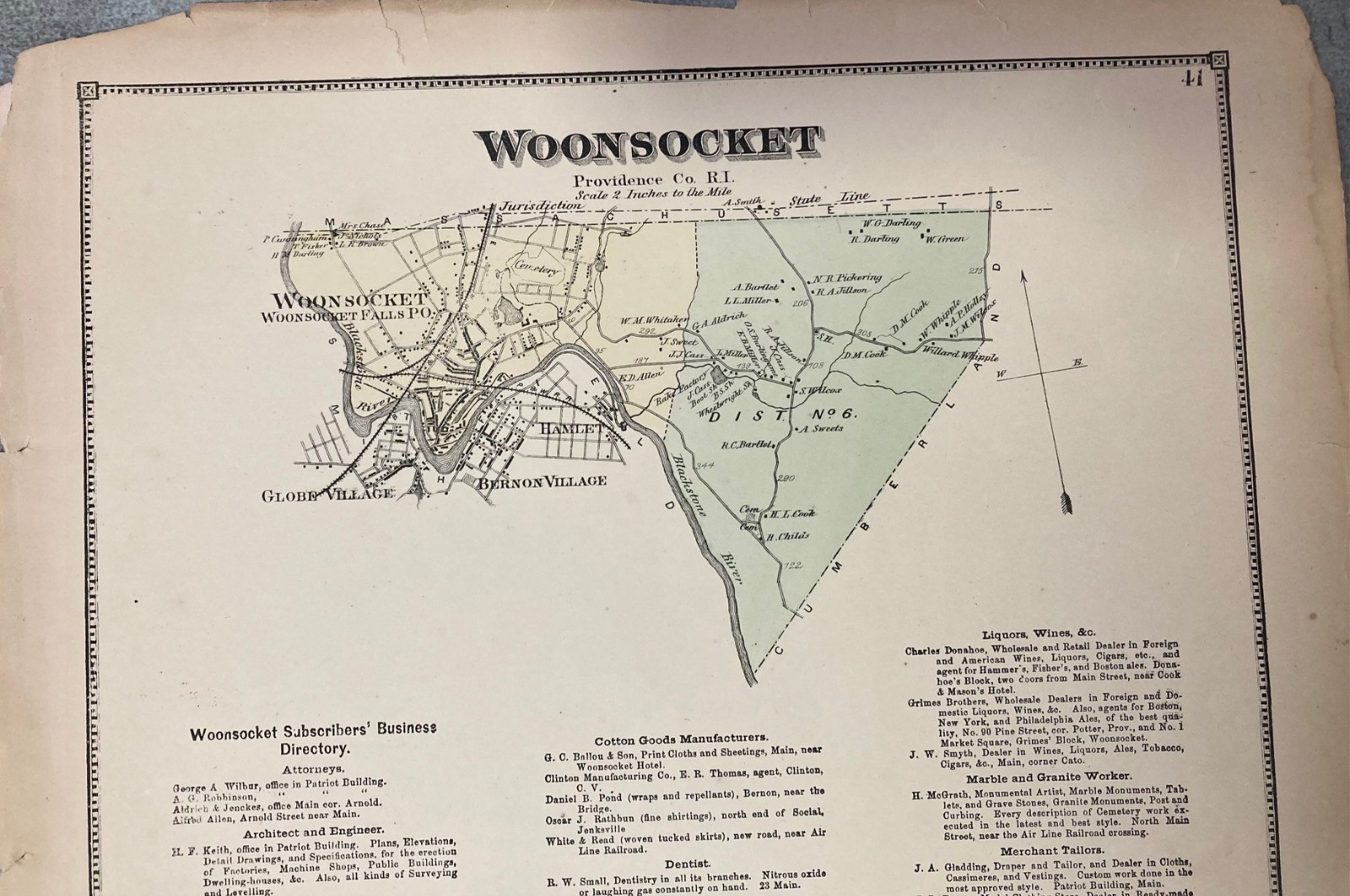 1870 Woonsocket, Providence County, RI Handcolored Map 1870 Original F. W. Beers