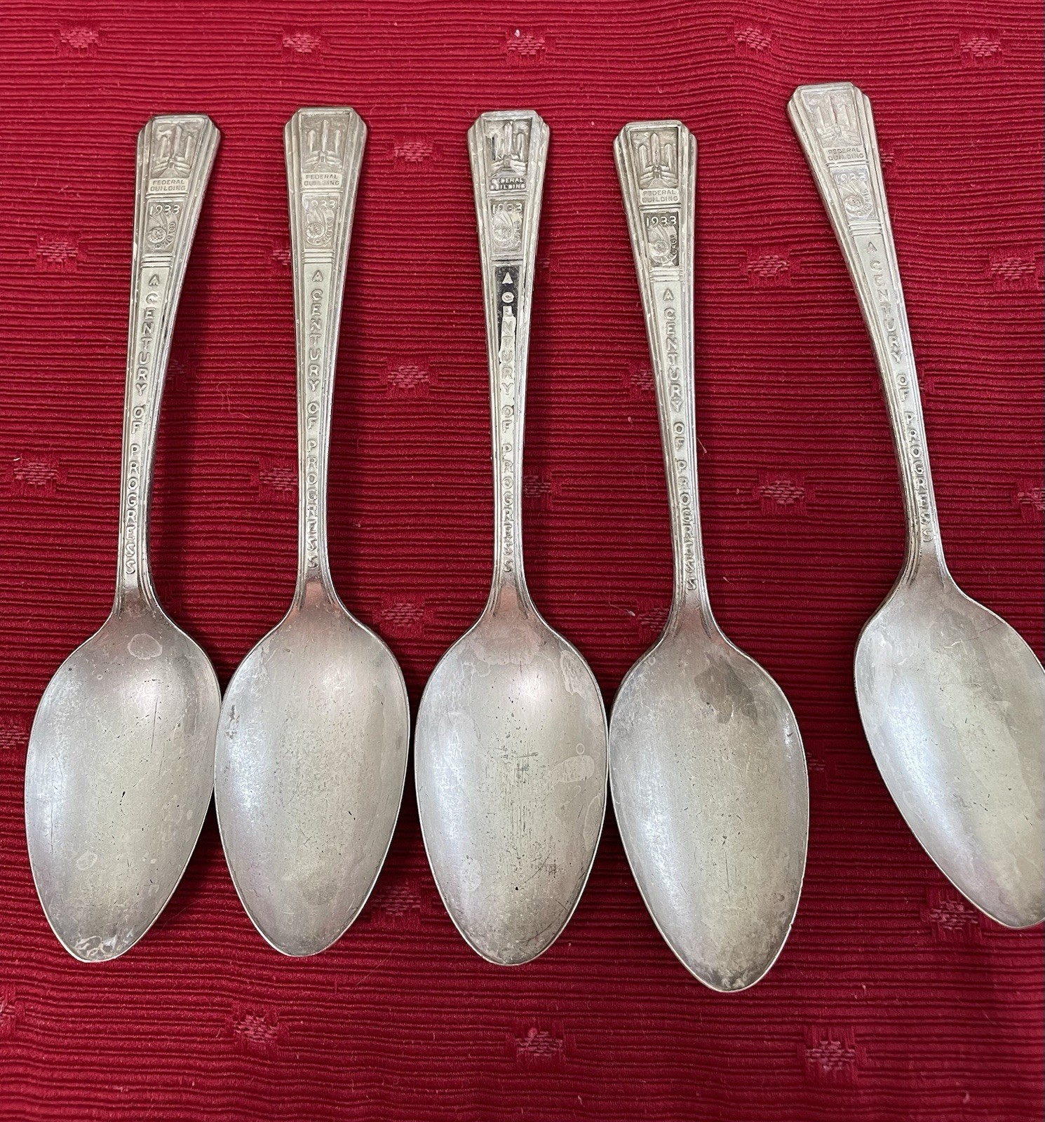 Oneida Community Hall of Science Silverplate Chicago Souvenir Spoons Art Deco