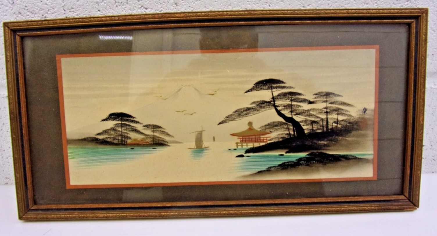 Antique Japanese landscape painting featuring Mount Fuji 1868-1912