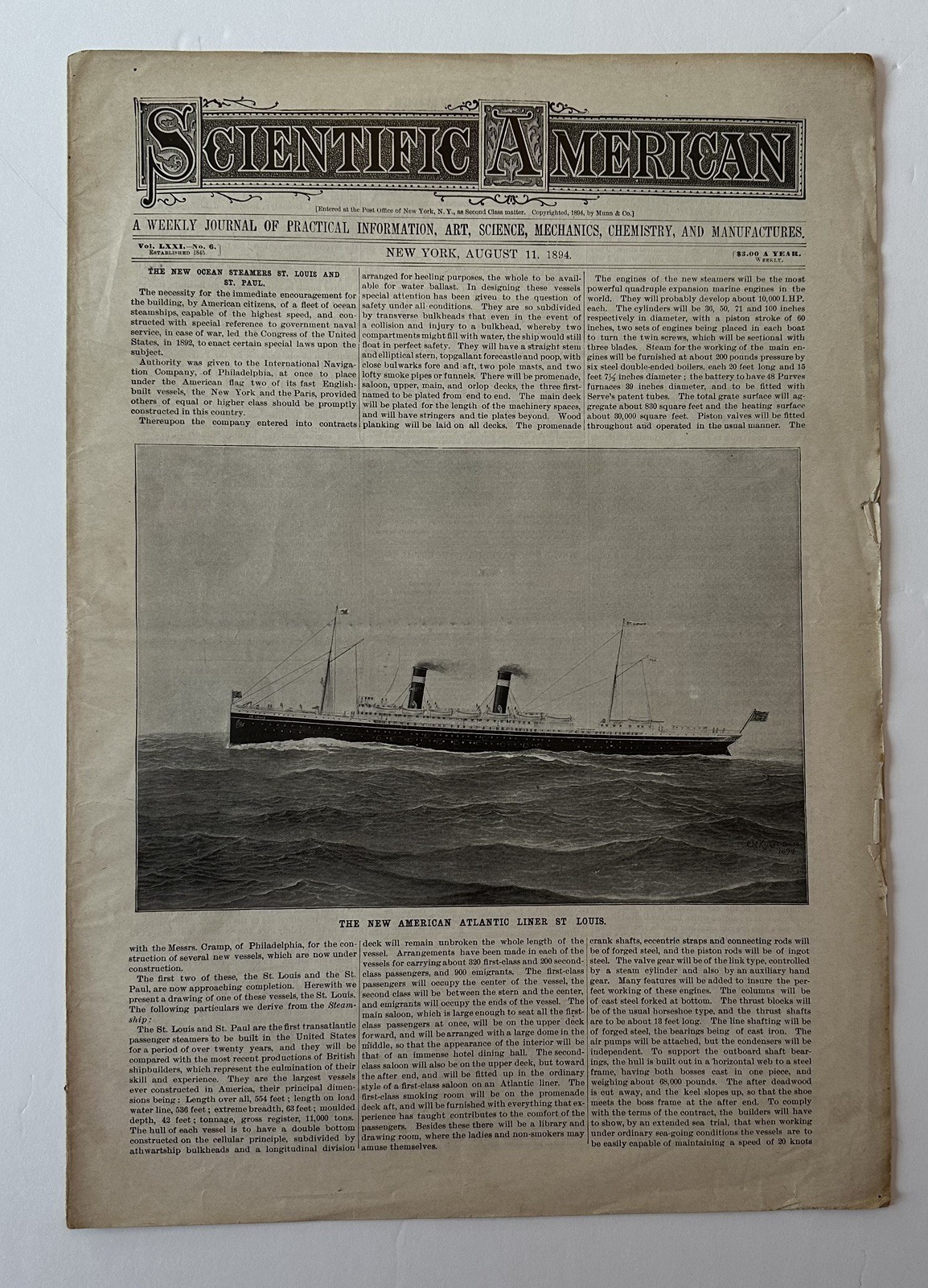 Scientific American, August 11, 1894. Complete Original Issue in good condition