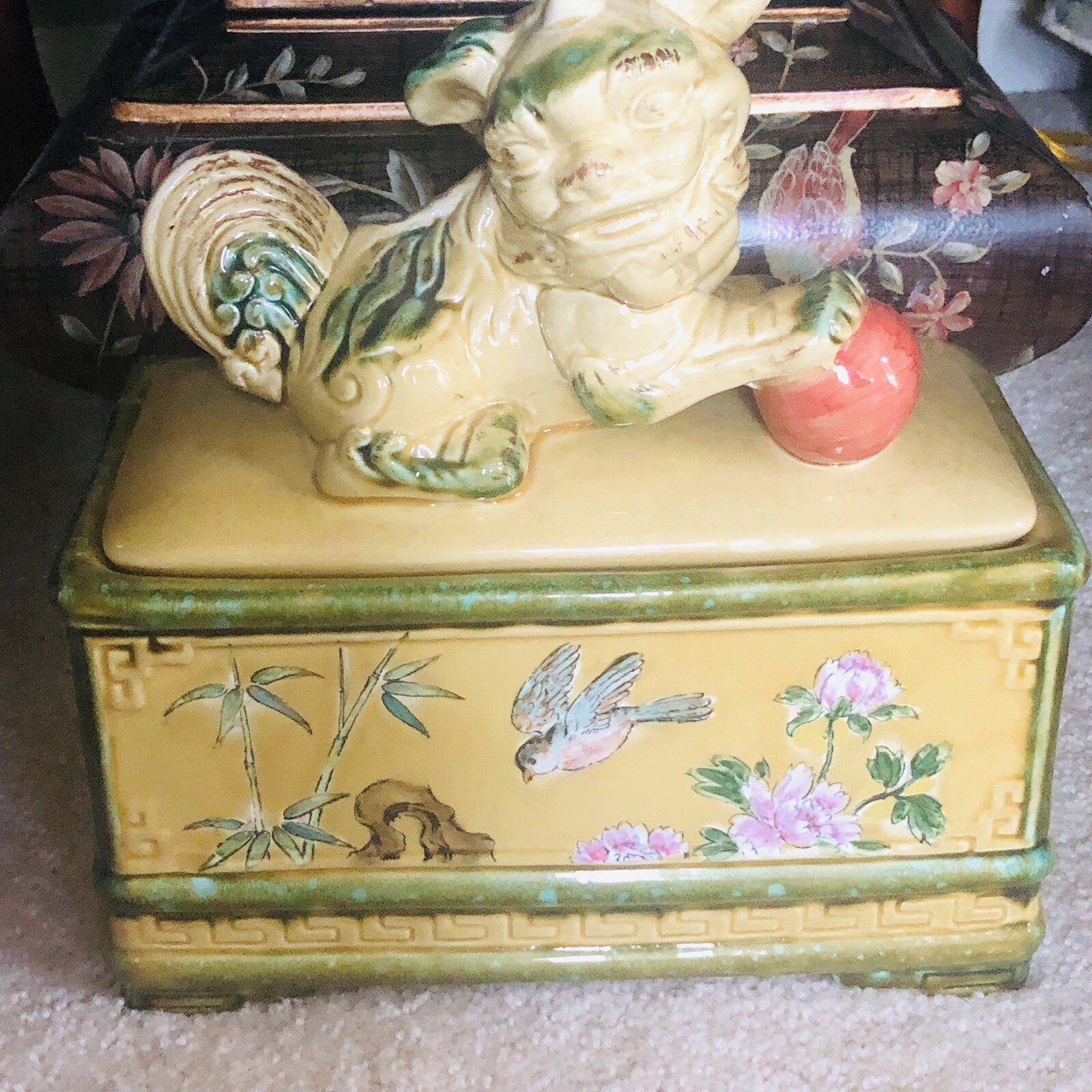Antique Vintage Chinese Yellow Green Foo Dog Figure Covered Dish