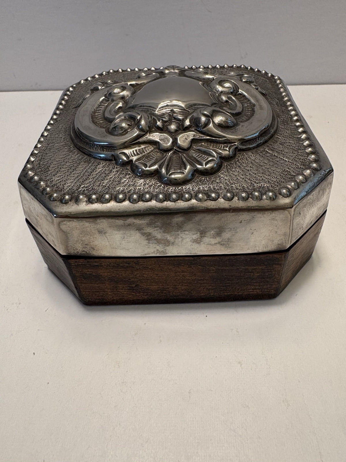 Antique Victorian Octagonal Oak & Silver Plate Box,Repoussé Rococo Top, Unmarked