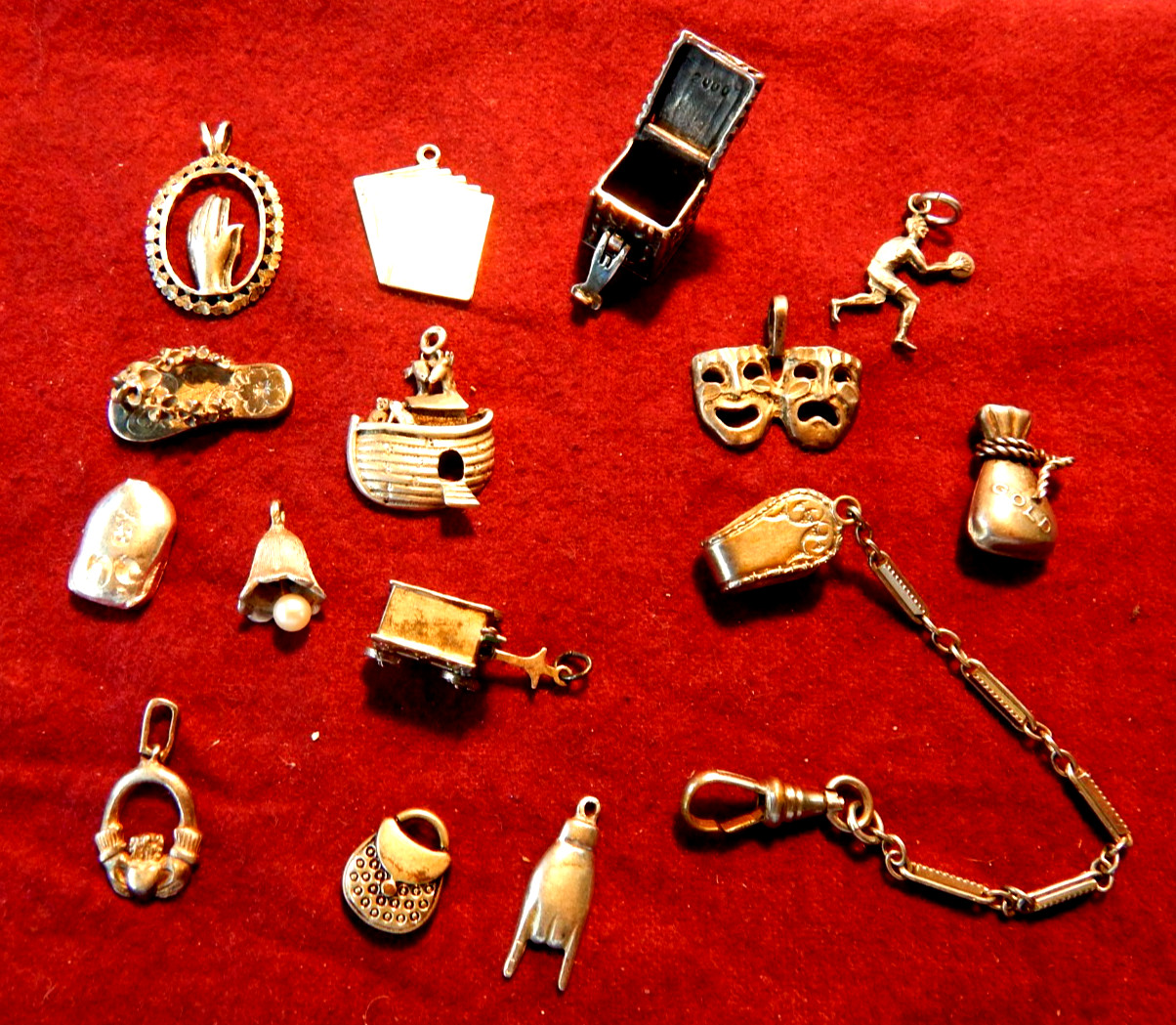 VINTAGE STERLING SILVER 925 15PC 39.6 GRAMS CHARMS,NOAH’S ARC.WATCH FOB,GOLD BAG
