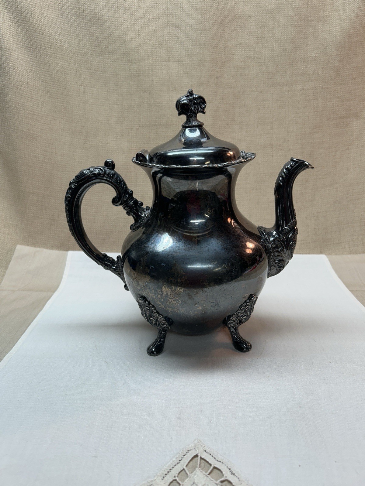 Antique Van Bergh Quadruple Silver Plate Teapot, Rochester NY Ornate Scroll