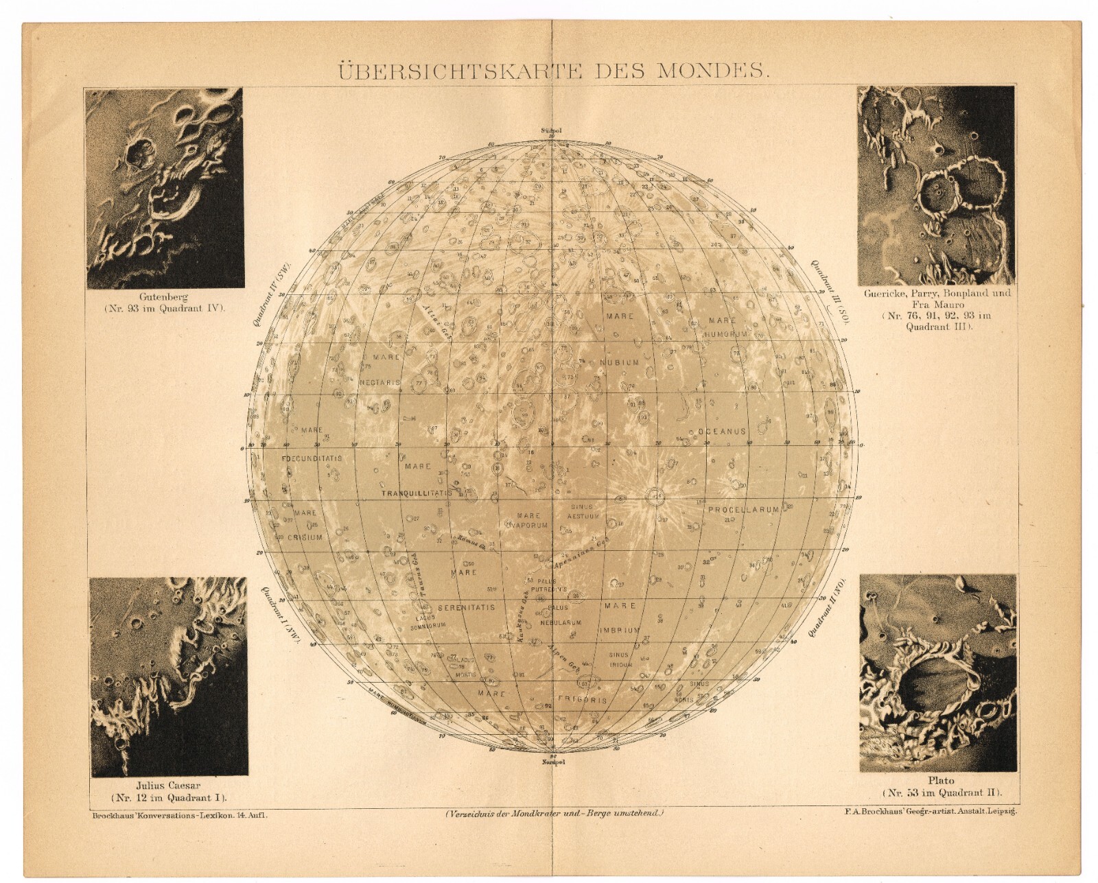 THE MOON map antique 1897 Original lithography astronomy print