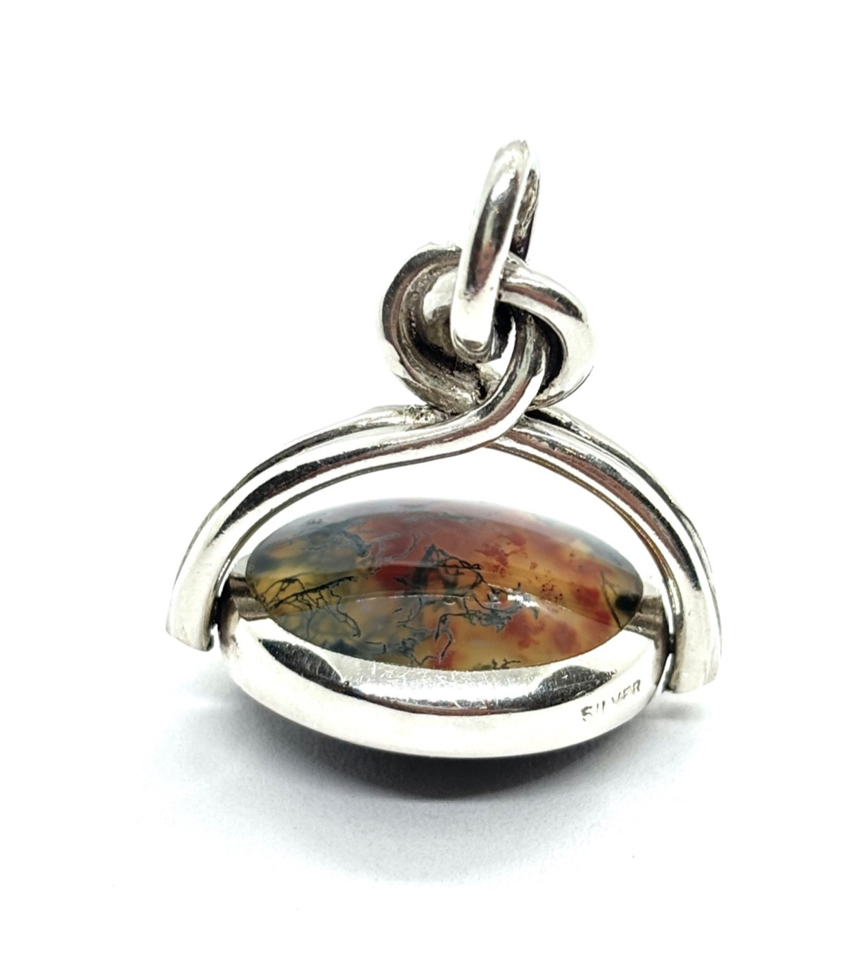 Antique Sterling Silver Moss Agate & Onyx Swivel Fob Pendant