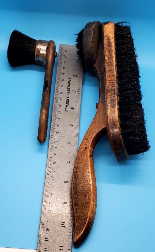 Vtg 11″ Wood Shoe Shine Double Brush w/ Curved Handle & Smaller 6″ Polish Brush