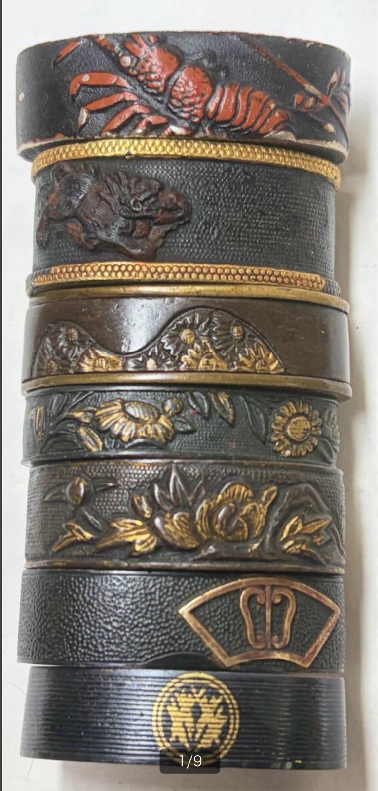 Antique japanese 7 decorated design motif fuchi set