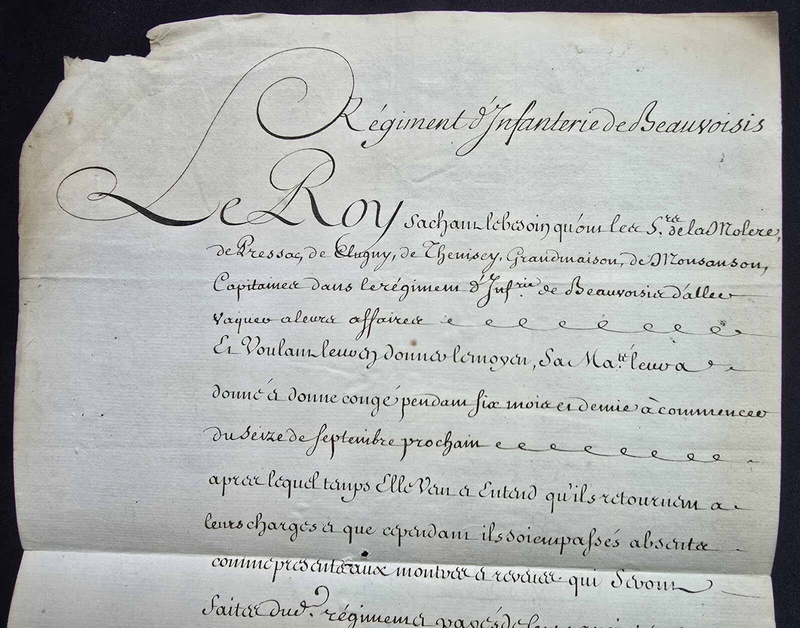 LOUIS XV SIGNED FURLOUGH FOR 6 CAPTAINS IN THE BEAUVAISIS INFANTRY REGIMENT 1756