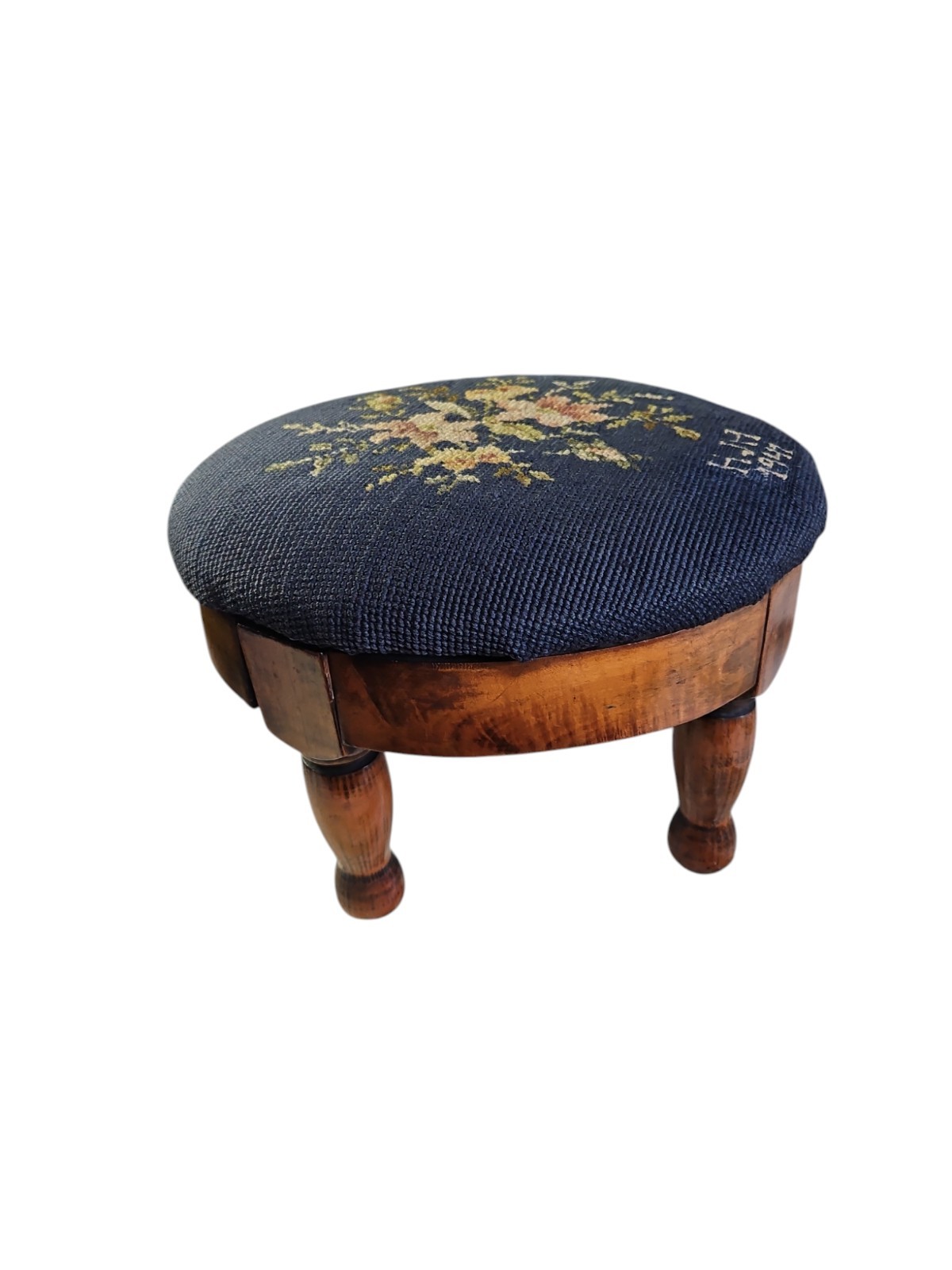 Vintage Needlepoint Round Floral Foot Stool Signed And Dated