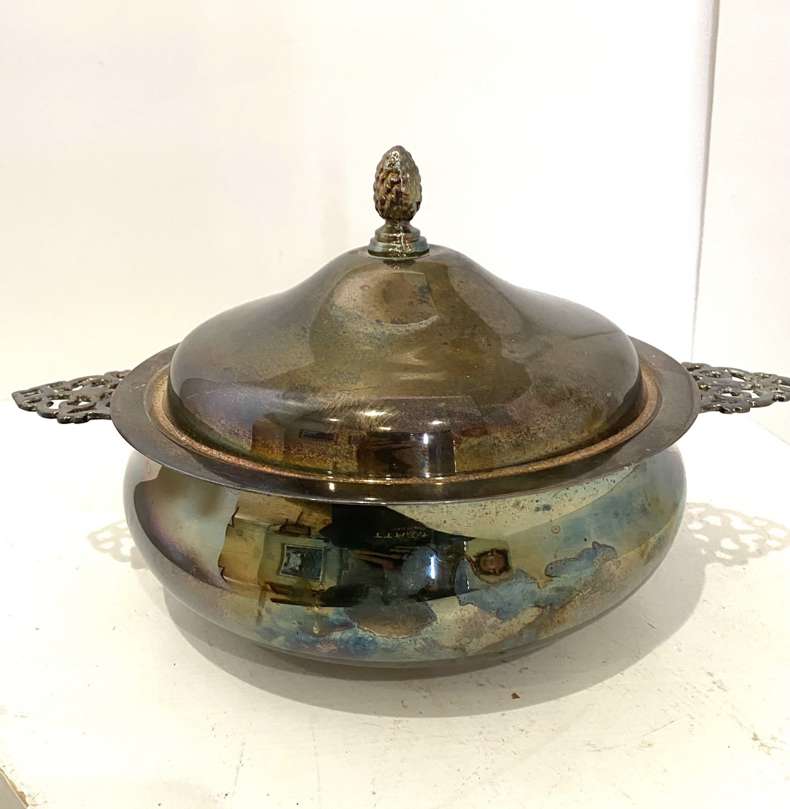 Vintage Silverplate Casserole Dish Lid Insert Ornate Handles Tarnish Pyrex