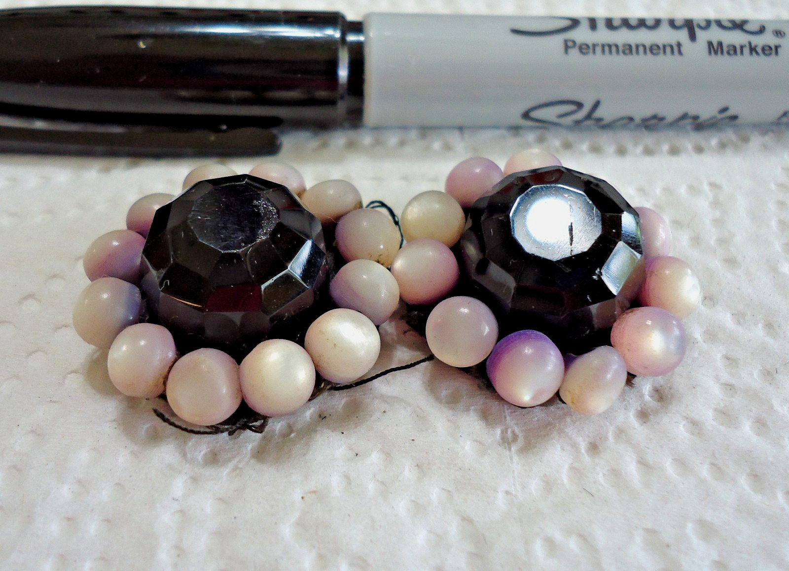 Lot of 2 Antique Black Glass & Pearl Passementerie Buttons 1 1/8″