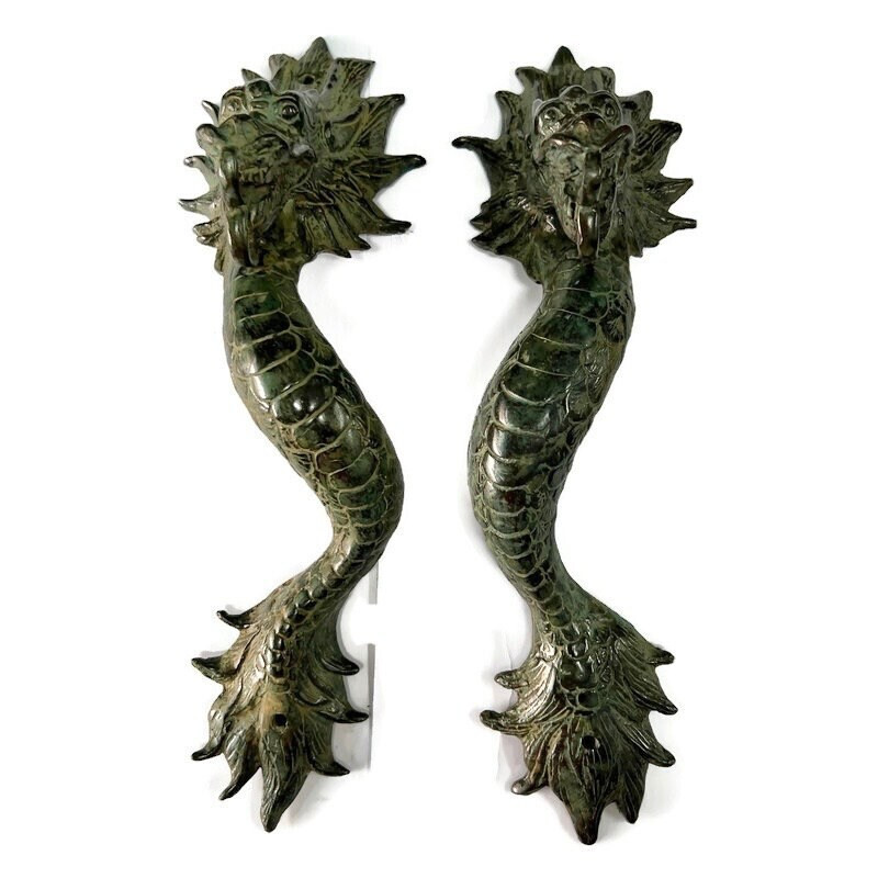 4 Dragon door pull 30 cm aged brass vintage old style house handle 12″ B