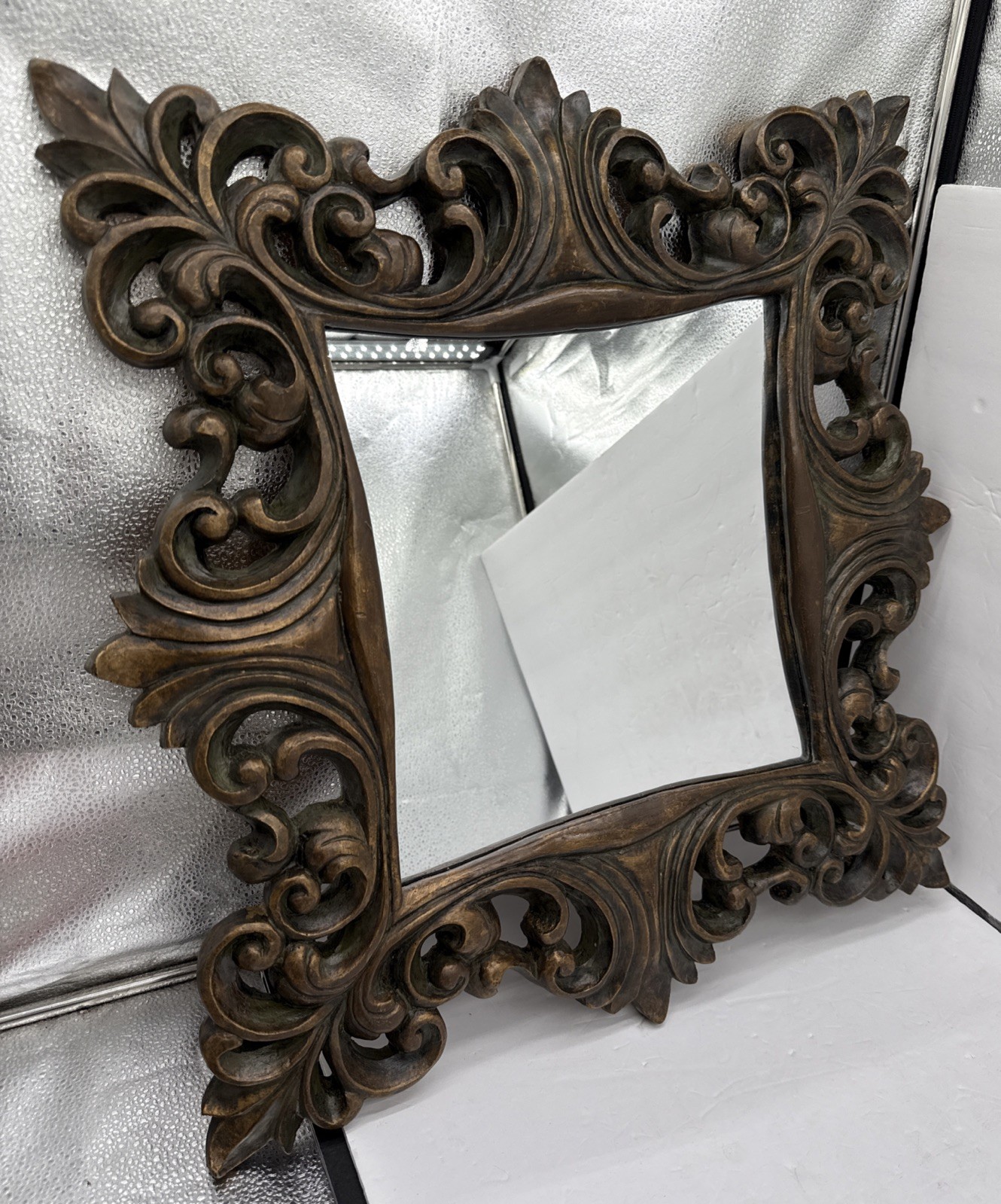 Ornate Carved Wood Mirror Hollywood Regency Baroque Style Wall Decor 24x 23 1/2”