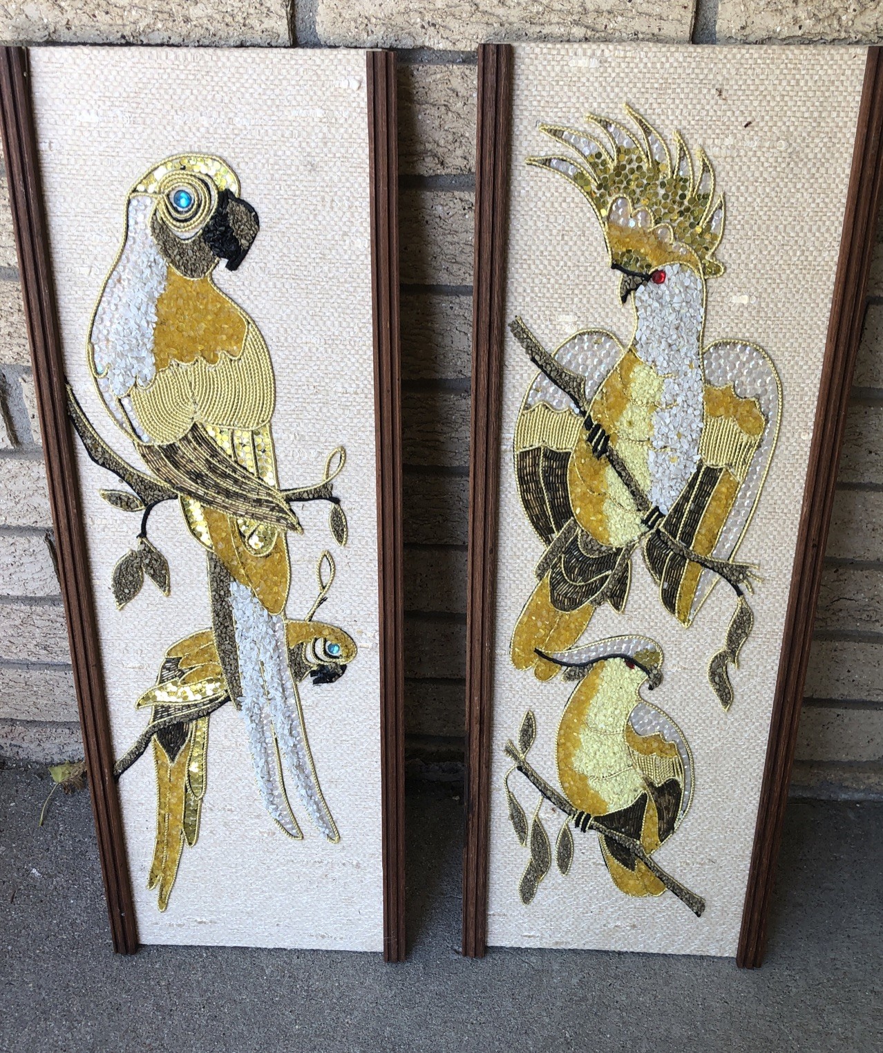 (2) 60s Mid Century Modern Pebble Gravel Parrot Cockatoo Bird Wall Art 24×8.5”