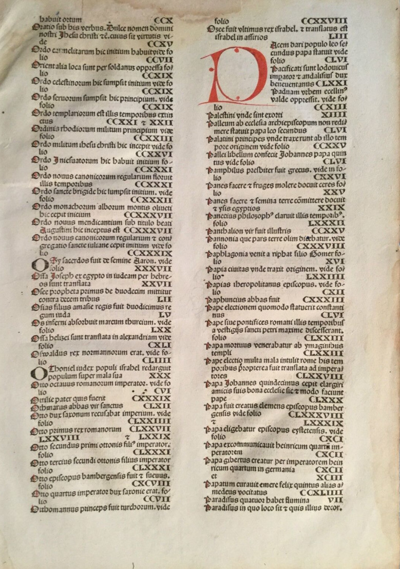 Original index leaf “P” Nuremberg Chronicle 1493 Liber chronicarum, Schedel RARE