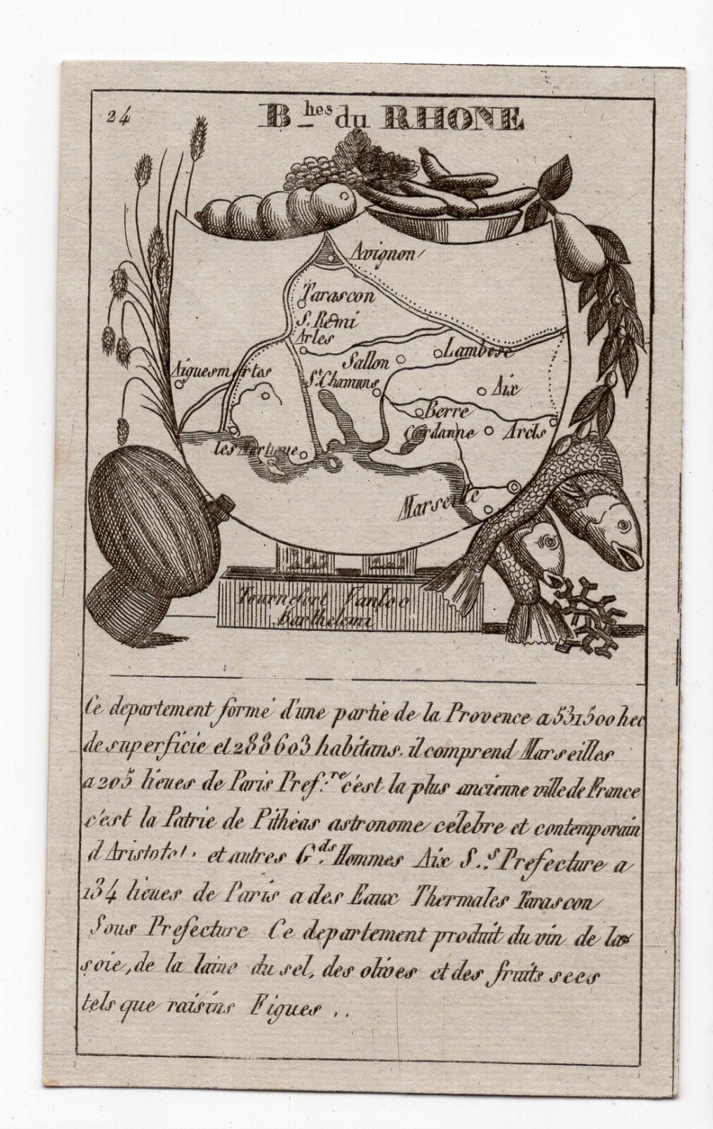 c.1836 Bouches-du-Rhone, Marseille, France, Antique Card Map by Bourrut-Le Meri