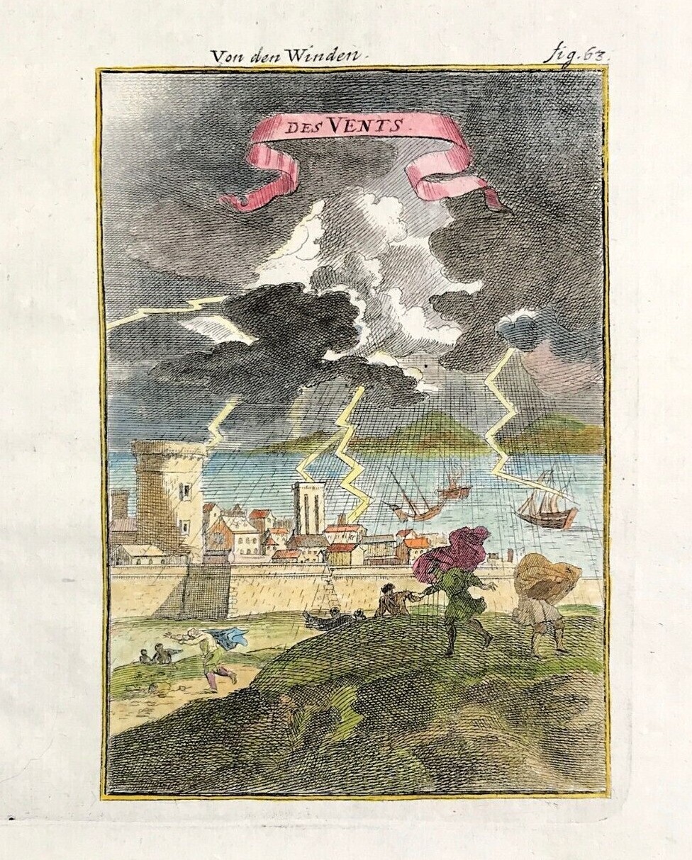 alain Mallet Des Vents Winds thunderstorm lightning 1683 Original copperplate