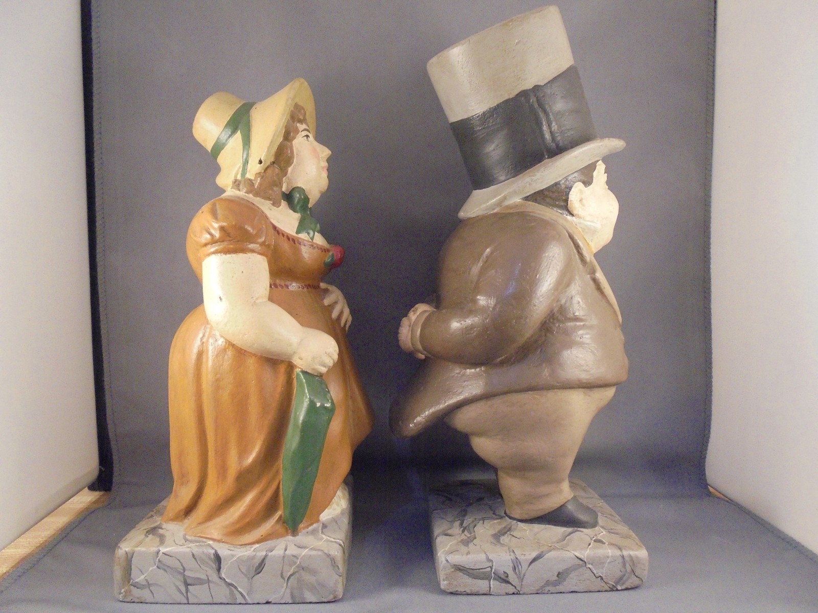Antique Vintage Painted Chalkware Man & Woman Figures Marbled Bases 11″