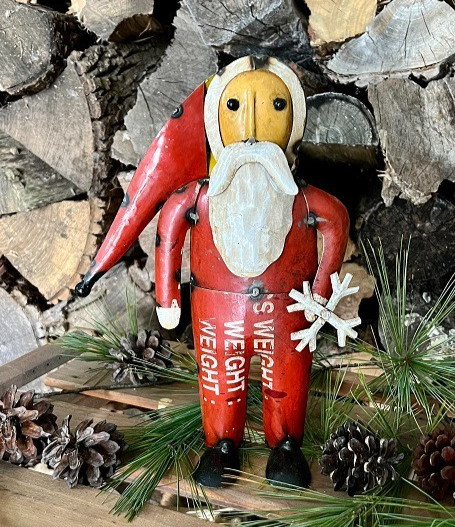 NEW PRIMITIVE SANTA CLAUS FIGURE CHRISTMAS RECYCLED METAL 10.25″H x 7″W x2.75″D