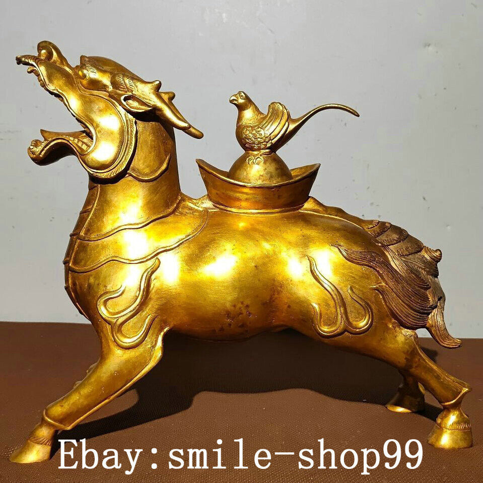 12.5″ Old China Bronze Gilt Fengshui Dragon Beast Kilin Qilin Bird Animal Statue