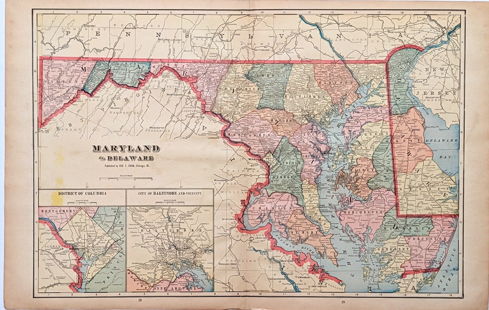 1908 MARYLAND – DELAWARE Map ORIGINAL (20×13) County Townships Railroads