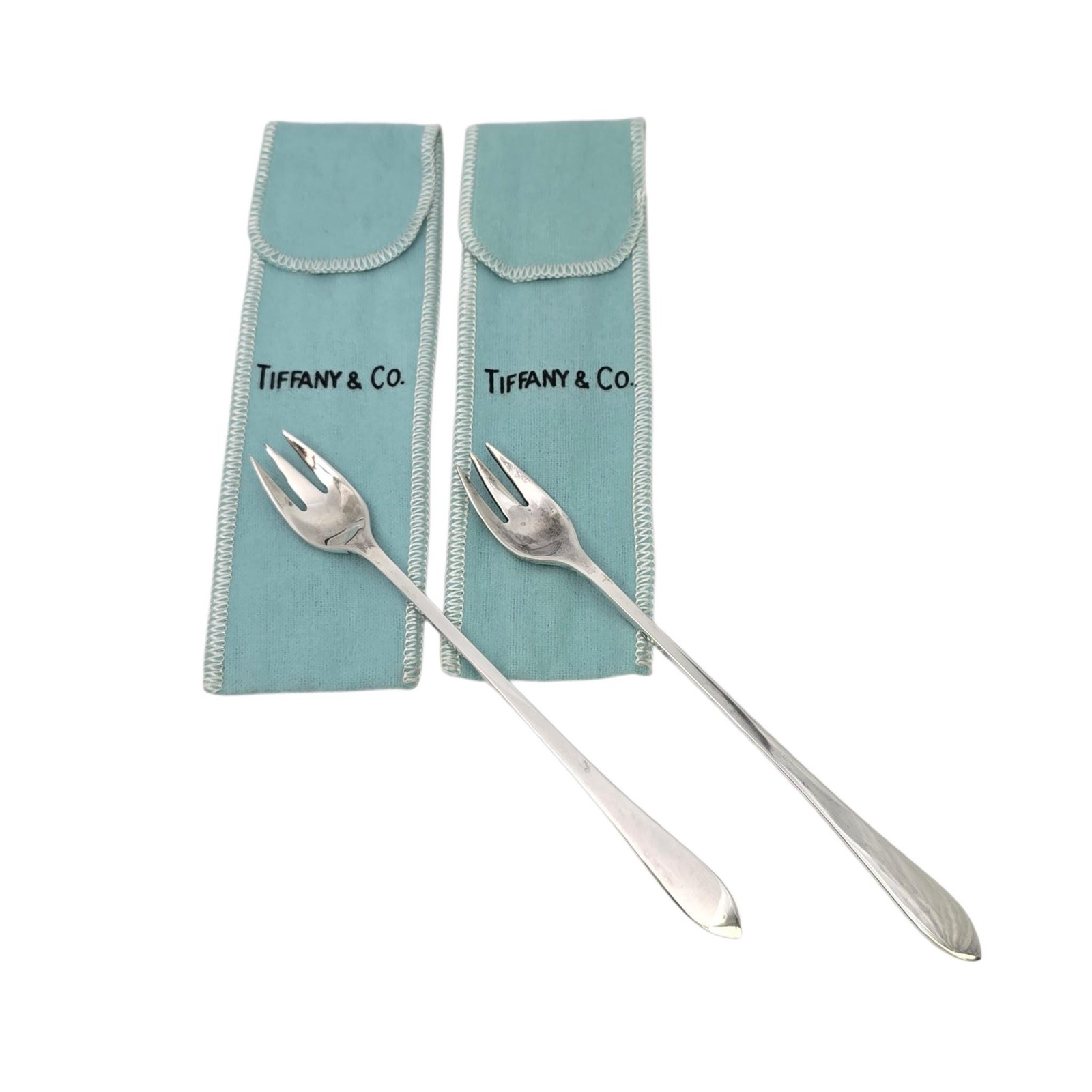 Set of 2 Tiffany & Co Faneuil Sterling Silver Cocktail Forks with Pouches #24539