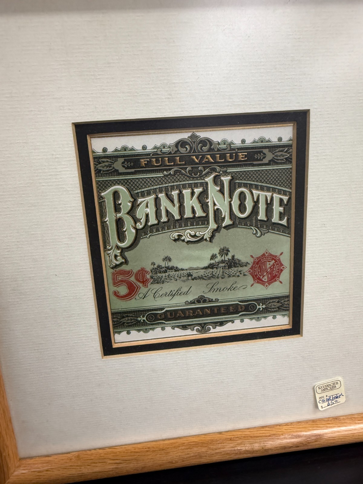 Antique Bank Note 5¢ Cigar Label Lithograph – Framed Vintage Tobacco Art