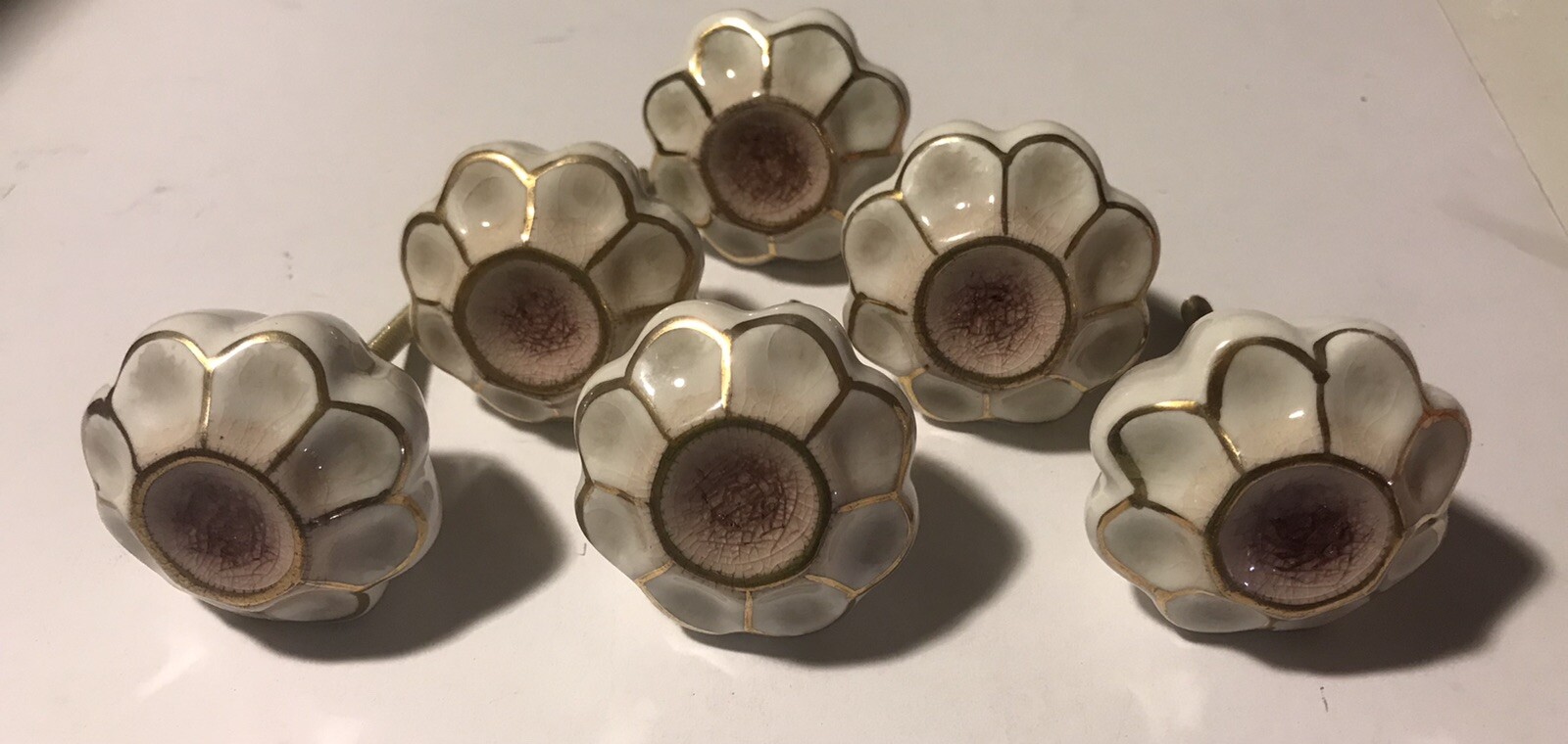 6ct. Antique Repro Drawer Pulls/Handles Pink w/Gold Trim Floral Cabinet Knobs