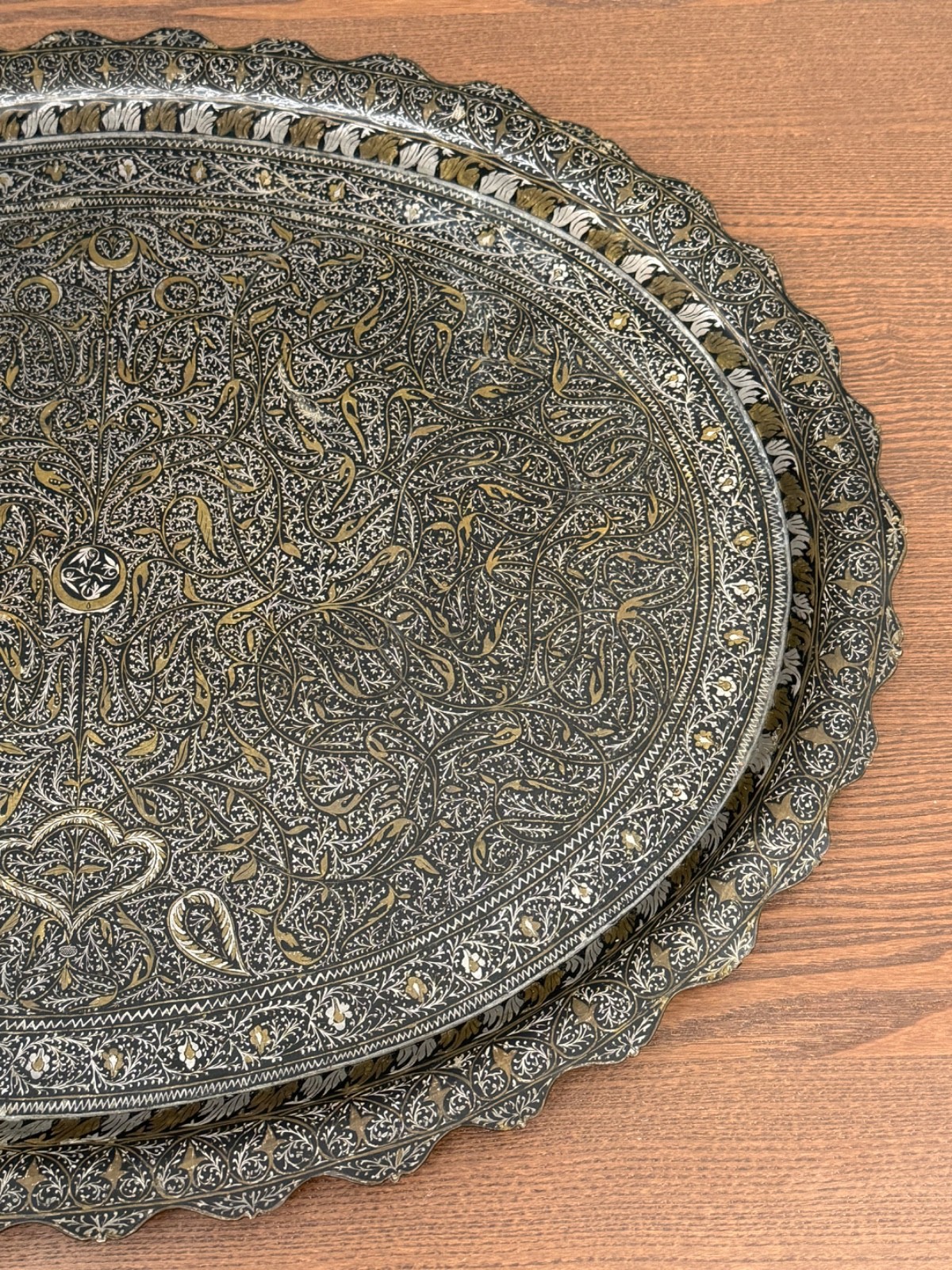 Antique Middle Eastern silver inlaid Tray, 19th Century Damascened Masterpiece