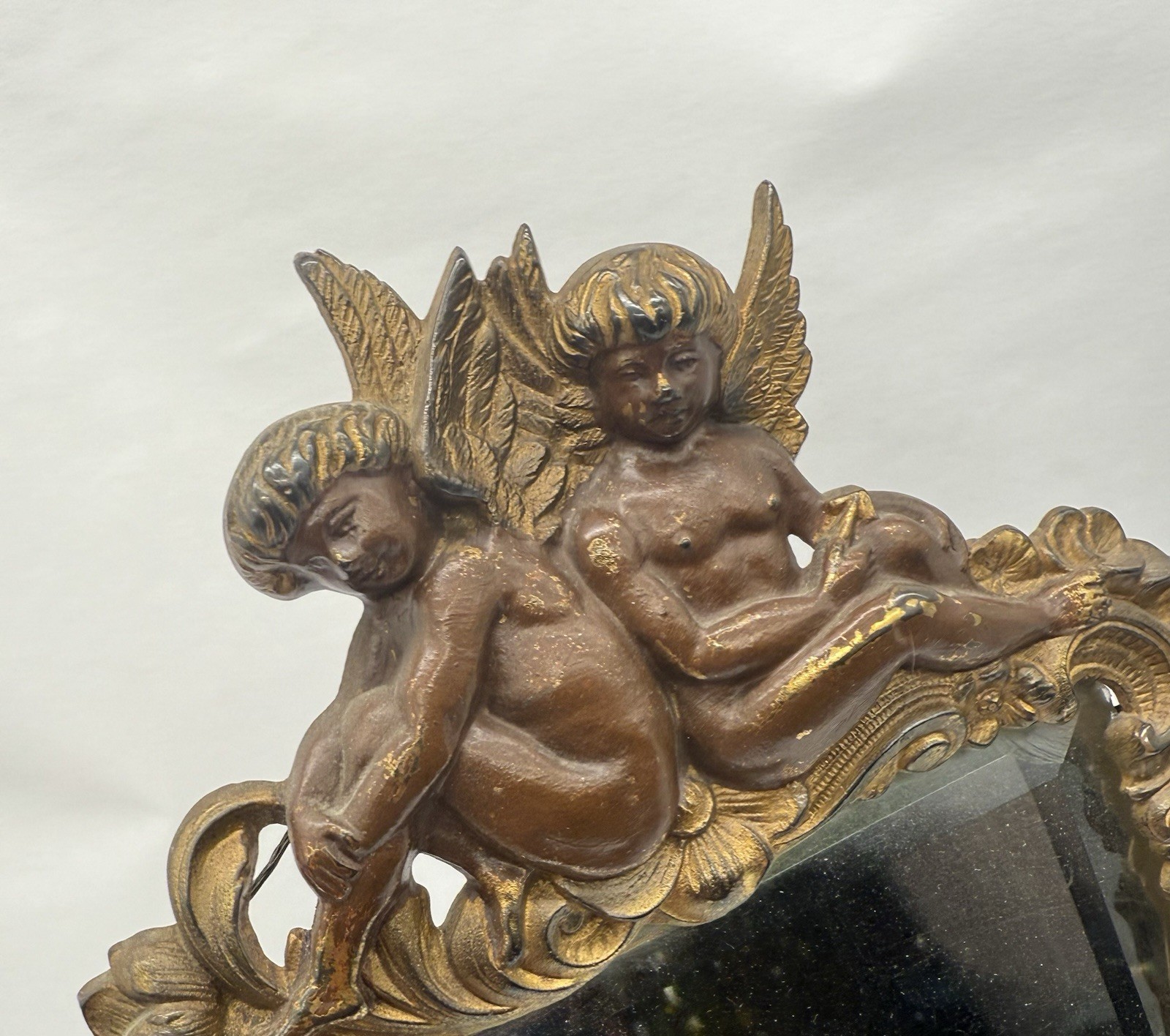 Antique Victorian Cast Iron Cherub Vanity Mirror Gold Gilt Tabletop Dresser 1800