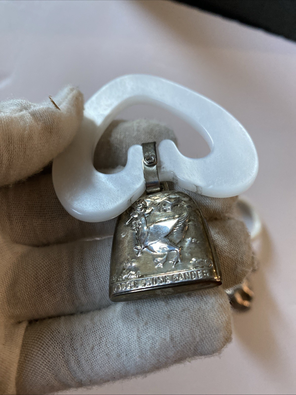 2 Vintage Sterling Silver Mother Goose Puppy Dog Teething Ring/Rattle
