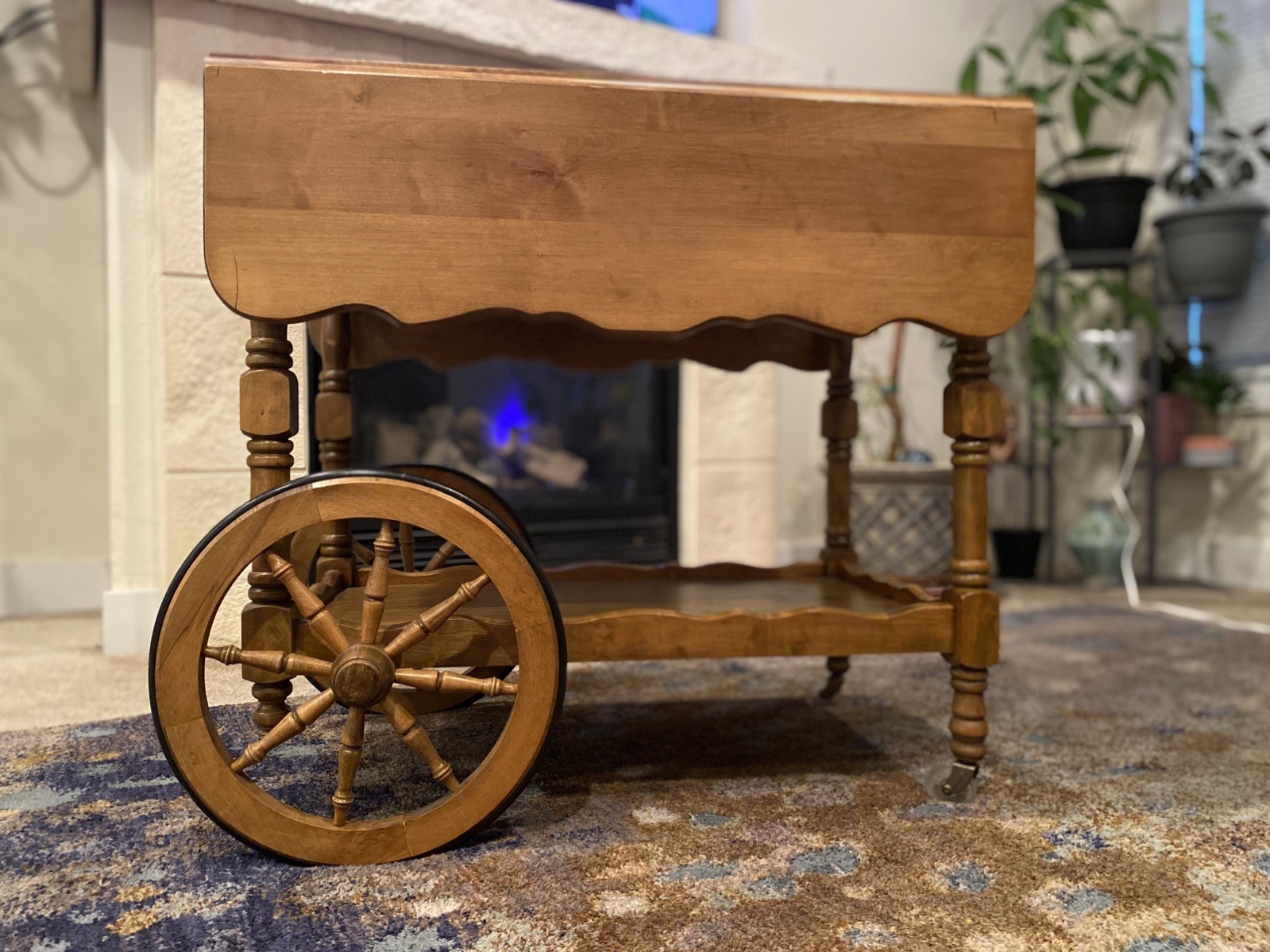 VINTAGE ANTIQUE WOODEN WAGON DROP LEAF TEA BAR SERVING CART WITH DRAWER