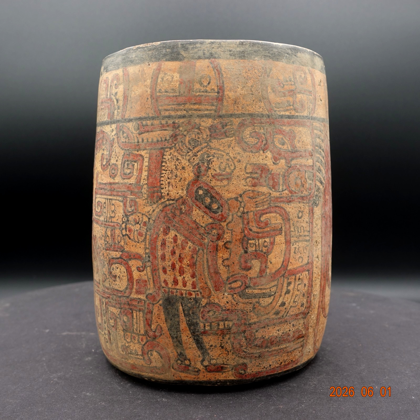 Pre-Columbian Authentic Artifact Ceramic Pottery Poly-Chrome Large Maya Cylinder