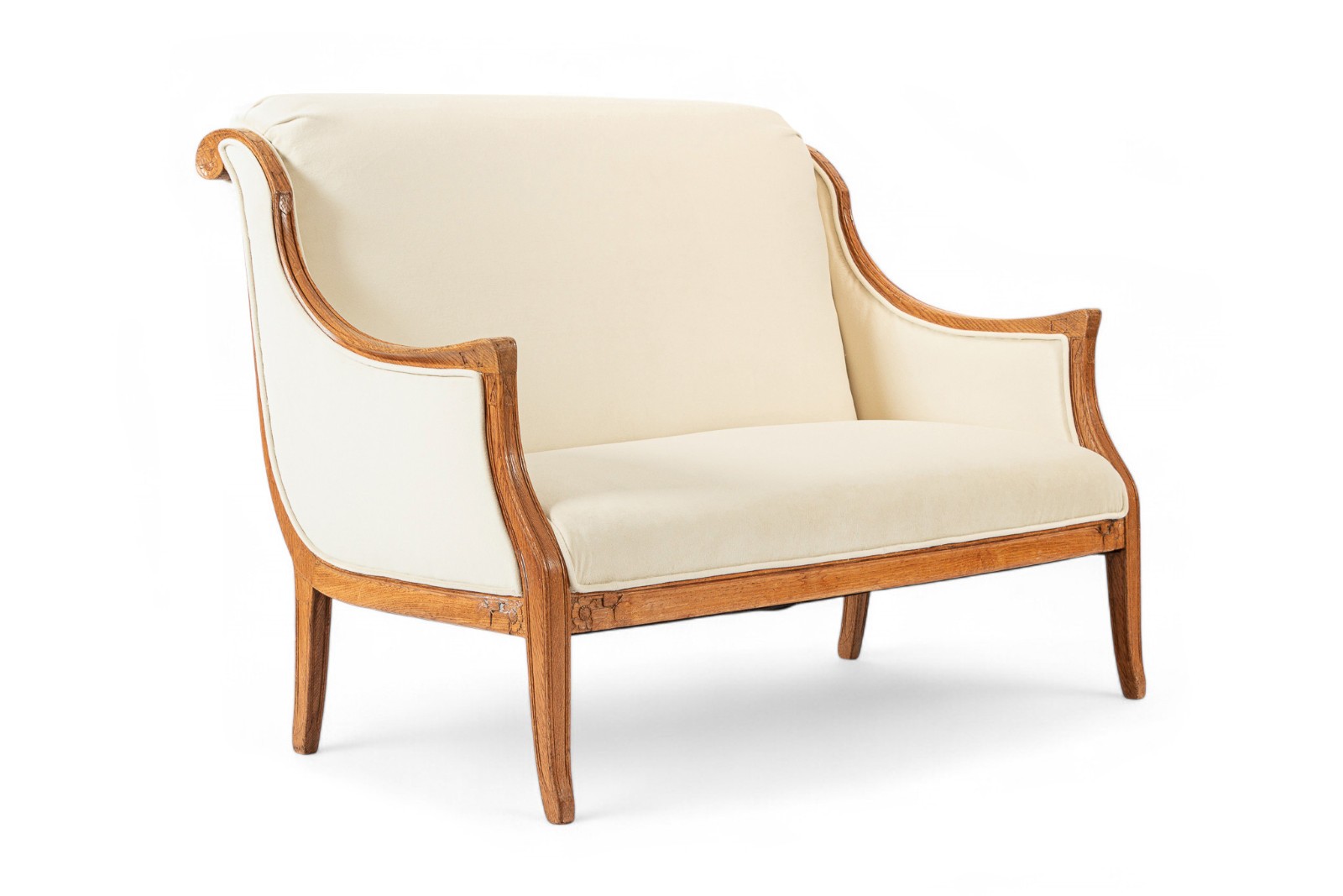 Antique French Art Deco Two-Seat Loveseat Sofa with New Cream Upholstery