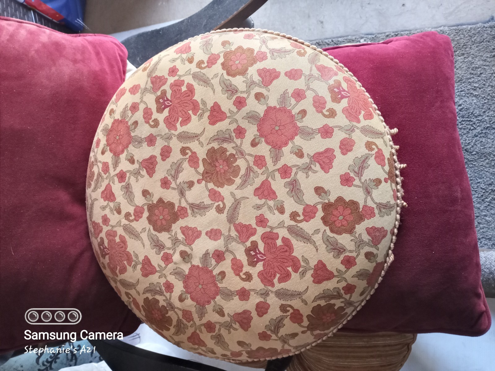 Vintage upholstered round foot stool with Fringe 6″ high and 15″ round