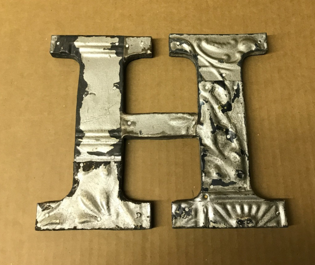 Decorative Salvaged Tin Ceiling 8″ Patchwork Shabby Silver Letter H Old 190-26B