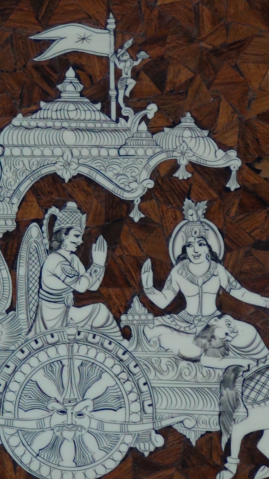 ANTIQUE 19c SOUTHEAST ASIA WOOD INLAID WALL PLAQUE WITH GODDESS ON CHARIOT