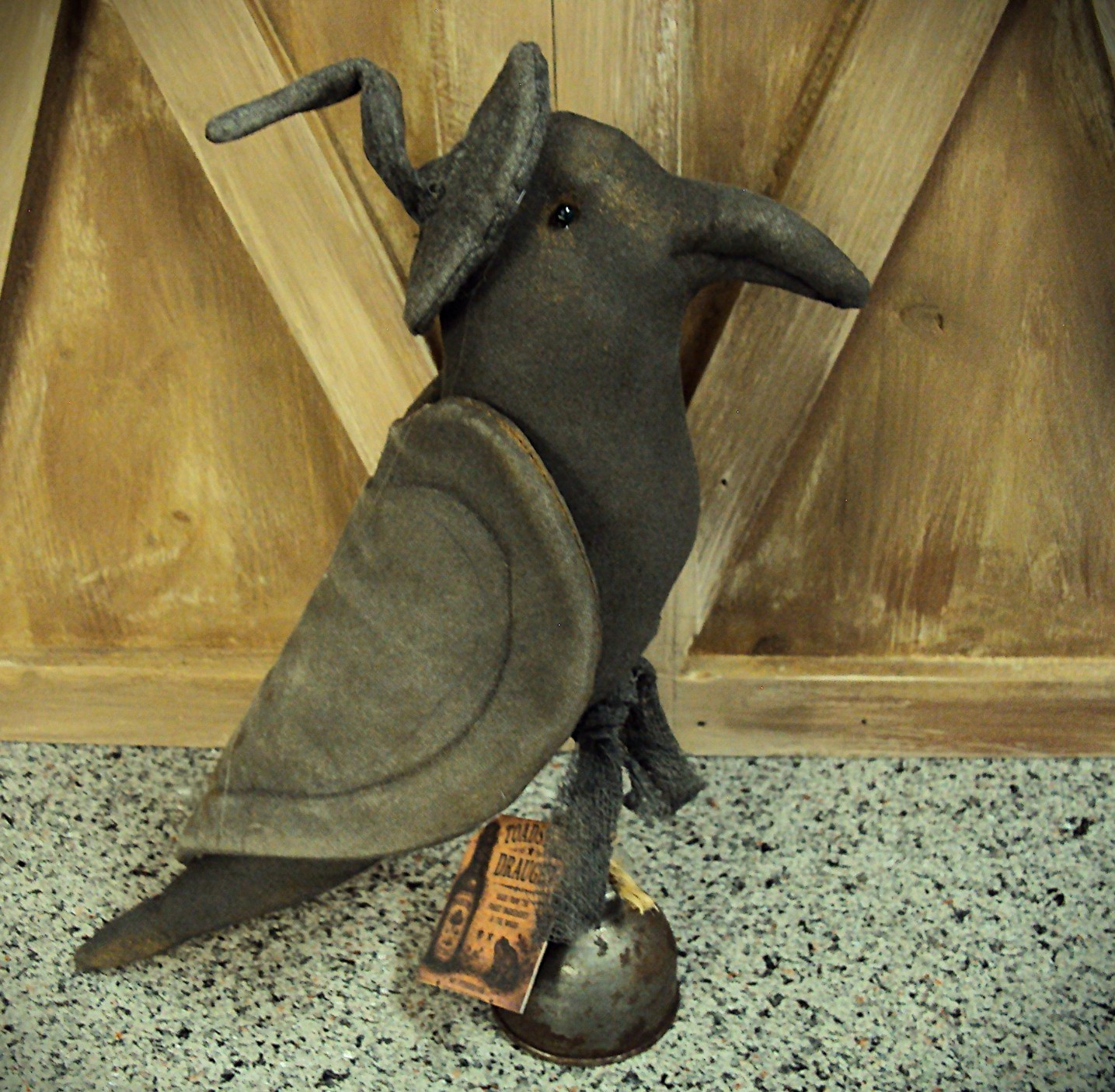 Primitive Folk Art Handmade Black Crow Doll Raven Vintage Rusty Oil Can Witch