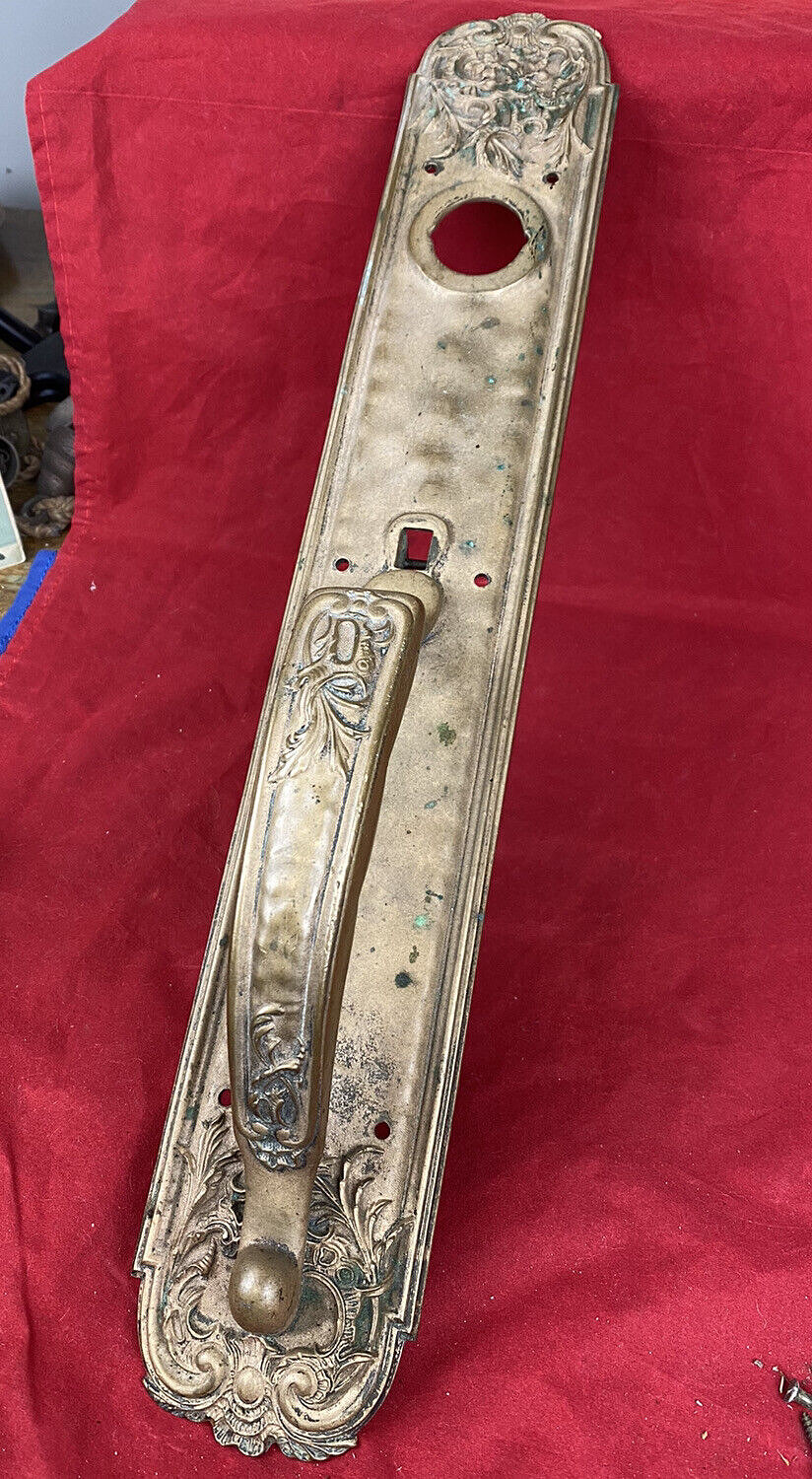 C.1910 READING HARDWARE Brass Door Handle, Backplate 18 3/4″L ~ Bank, USPS, Bldg